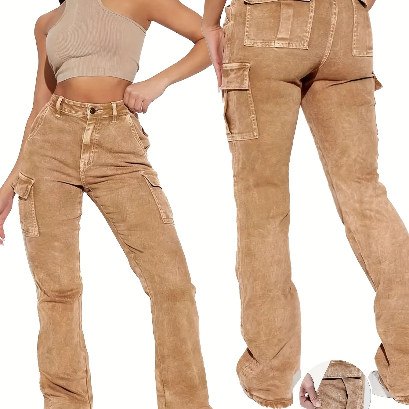 

Women's Fashionable Beige Cargo Pants With Flap Pockets - Stretchy Viscose Blend, Button Closure, Casual Low-rise Style, Machine Washable, Casual Wear Pants|lowrise Jeans|textured Fabric