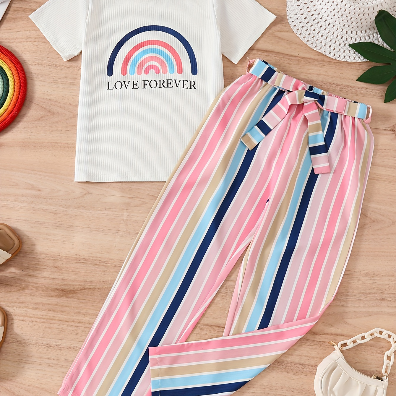 

Sweet Girl's 2pcs, Cartoon Rainbow Graphic Short Sleeve T-shirt Top + Striped Pants Set For Summer Gift