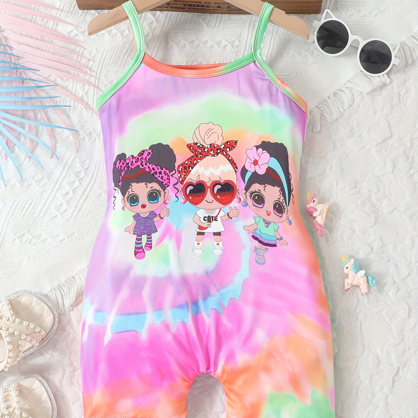 

Knit Tie-dye Pattern Cartoon Figure Graphic Cami Romper For Girls, Trendy Summer Jumpsuit Vacation Gift, Kids' Clothing