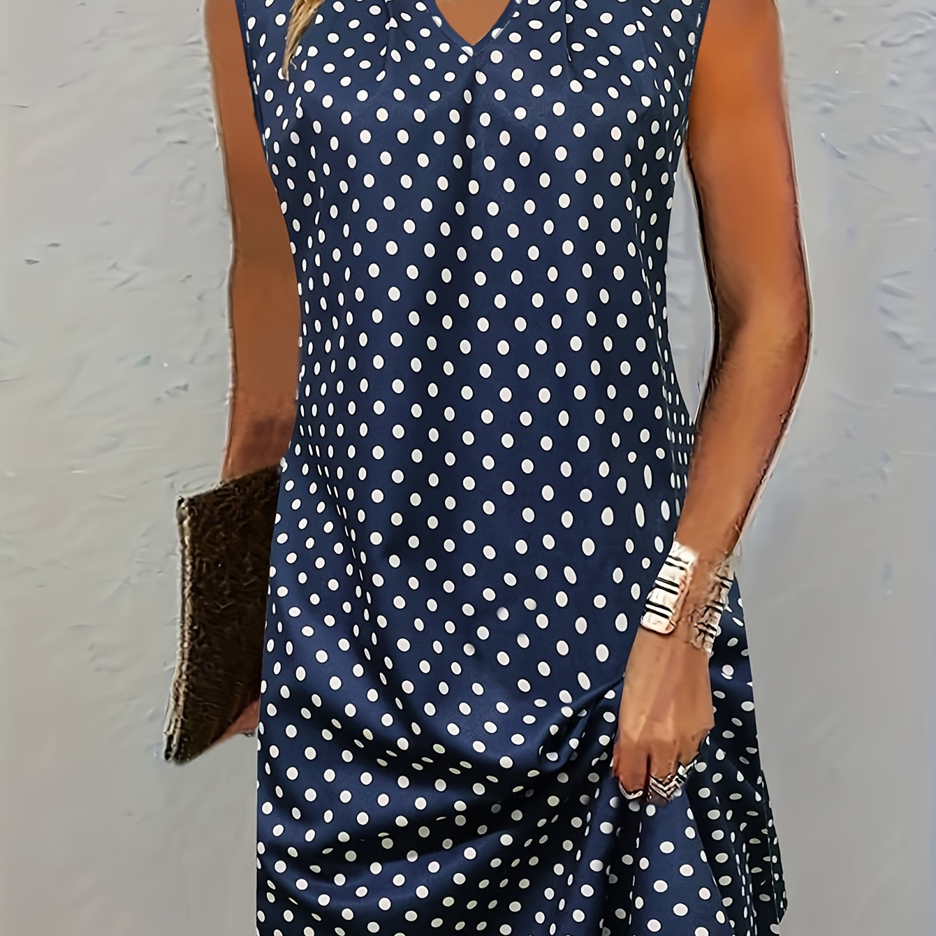 

Polka Dot Notched Neck Dress, Casual Sleeveless Dress For Spring & Summer, Women's Clothing