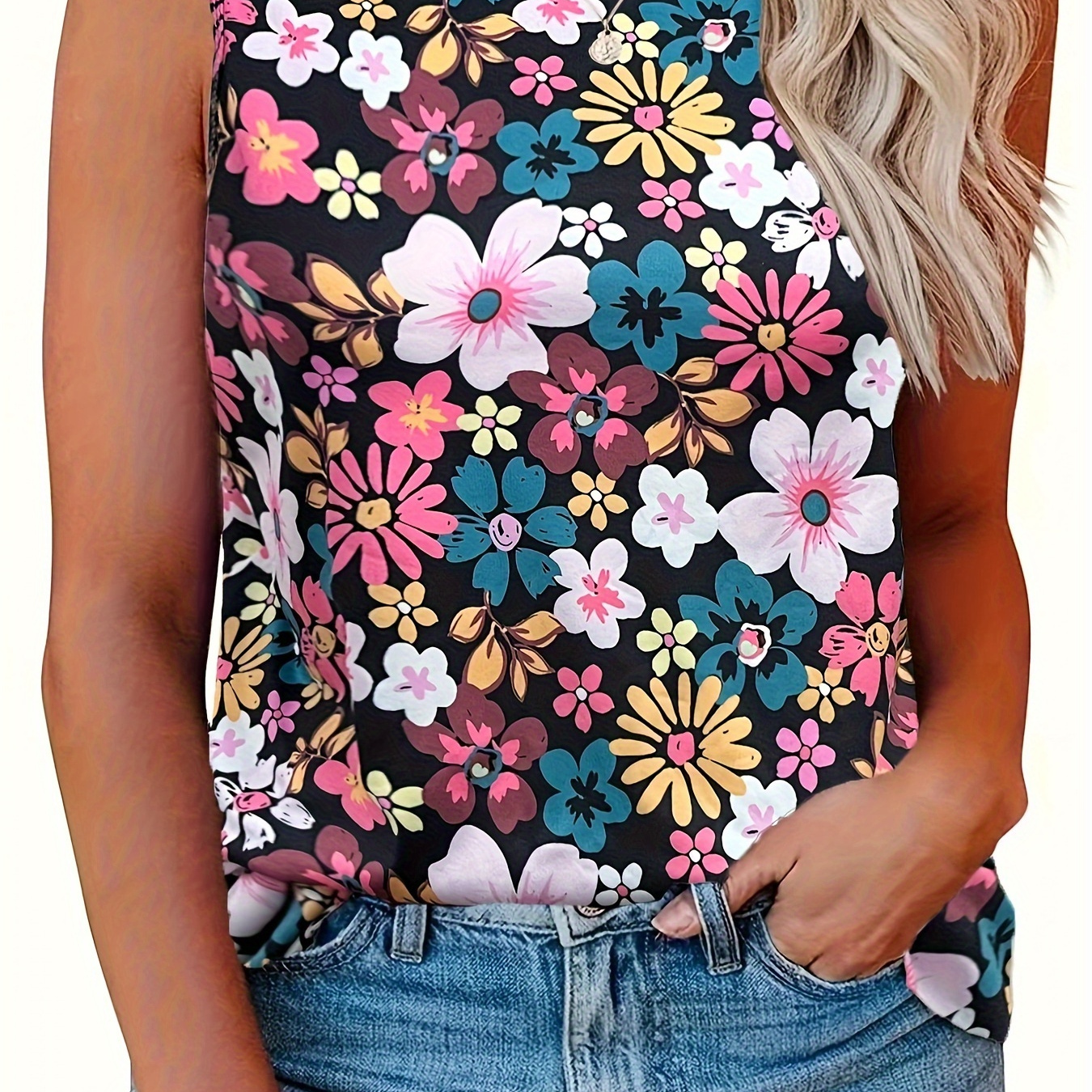 

Plus Size Floral Print Tank Top, Vacation Style Sleeveless Crew Neck Top For Summer & Spring, Women's Plus Size Clothing