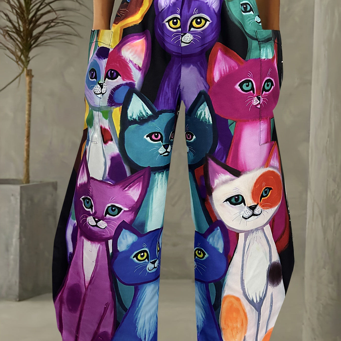 

Cat Print Double Pockets Pants, Casual Waist Pants For , Women's Clothing