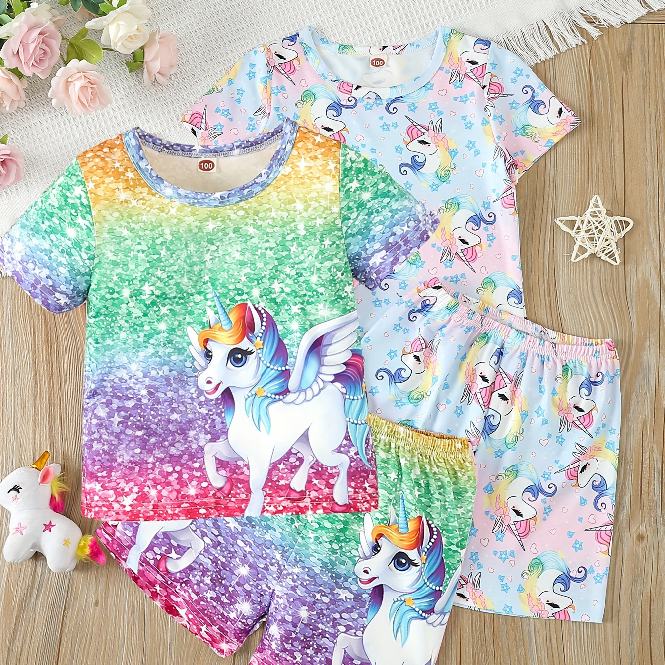 

4pcs Toddler Girls Pajamas/2 Sets Sister Outfits, Gradient Tie Dye Cute Cartoon Unicorn Sequin Print Short Sleeve Tops + Shorts, Cute Loungewear Set For Spring & Summer