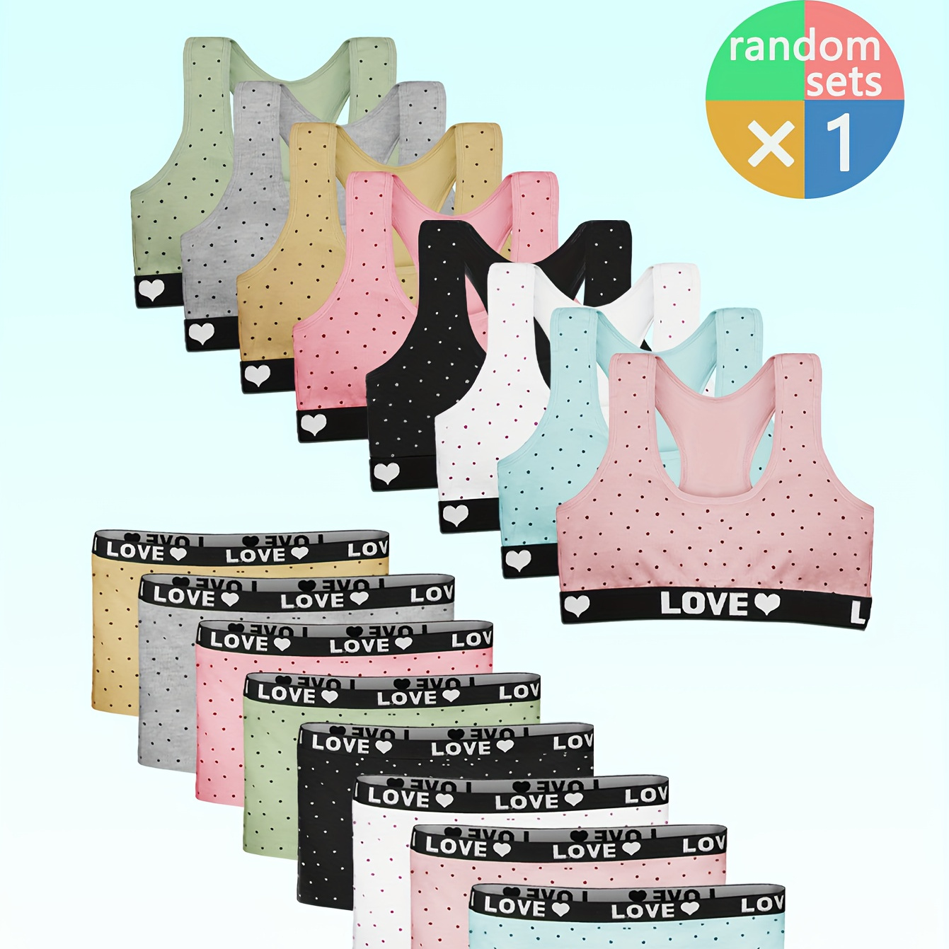 

1/6 Sets Girl's Cute Polka Dots & Letter Print Training Bra & Boxer Pants, Comfy & Breathable Cotton Underwear Set For 10-12 Years, All Season Wearing