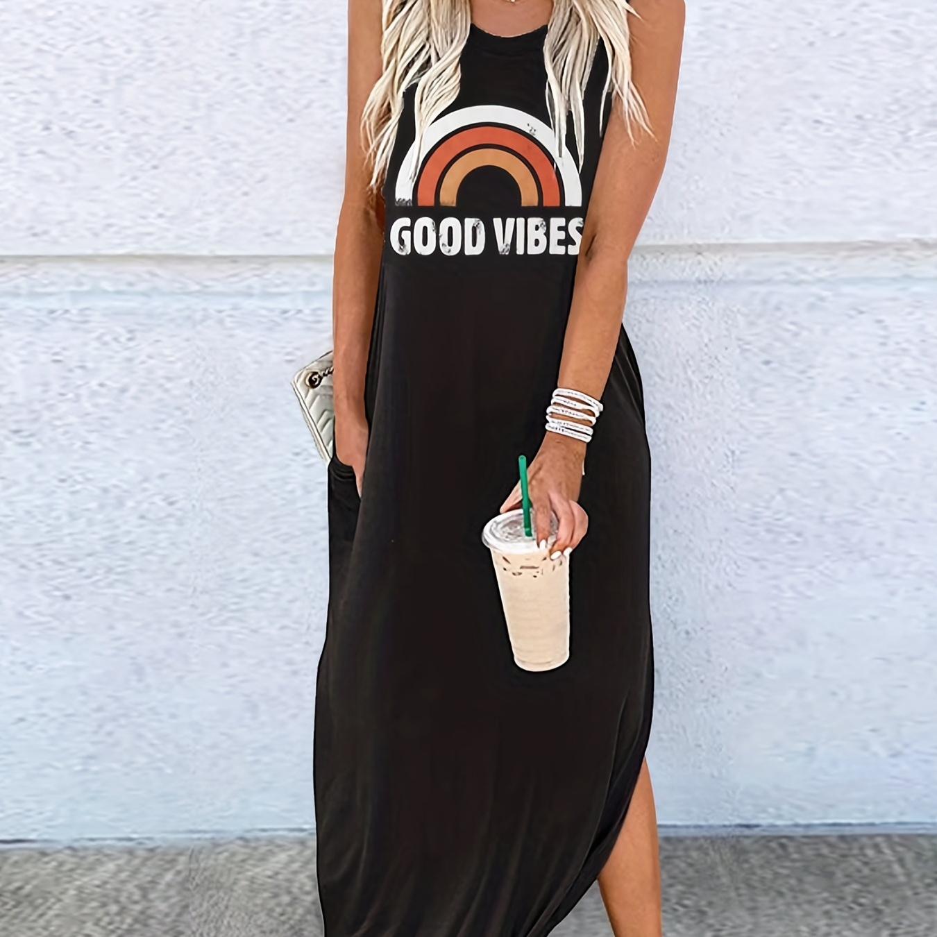 

Good Vibes Letter Print Dress, Sleeveless Crew Neck Casual Dress For All Season, Women's Clothing