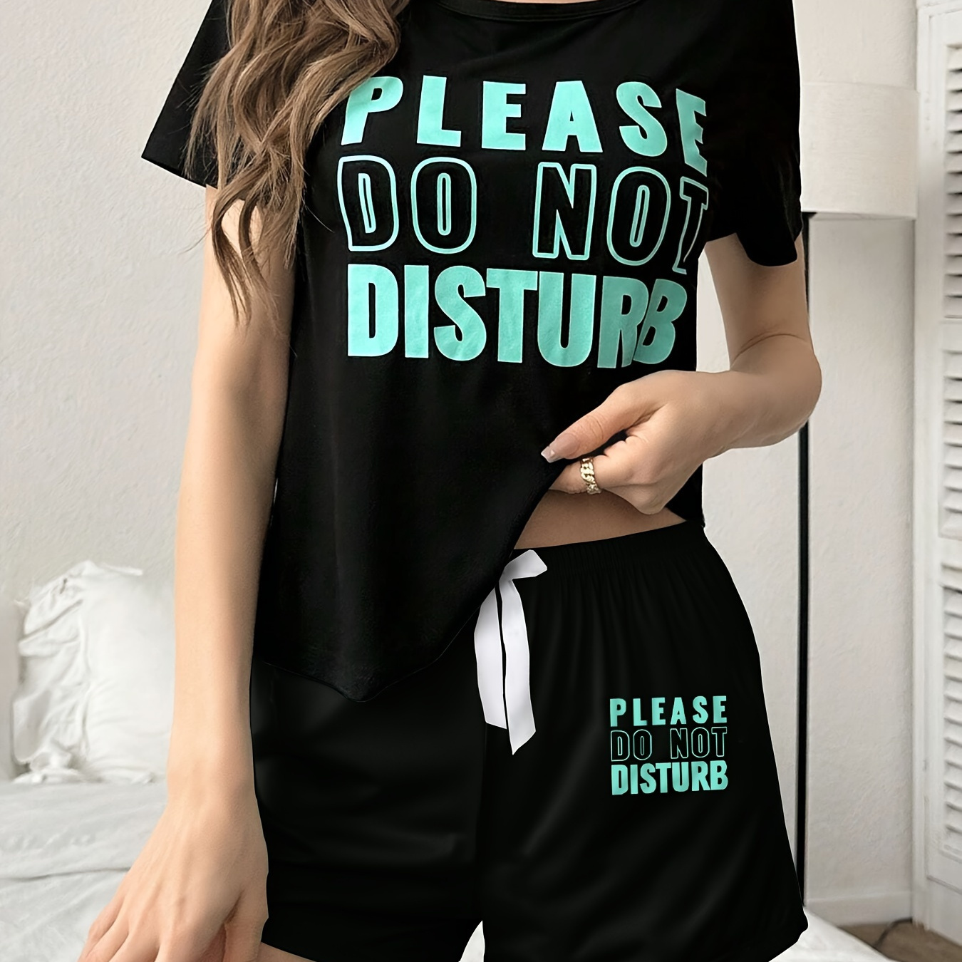 

Women's Pajama Set, Short Sleeve And Shorts, Cute Letter Print, Casual , Polyester Knit Fabric, Round Neck, Bow Detail, Adult Size