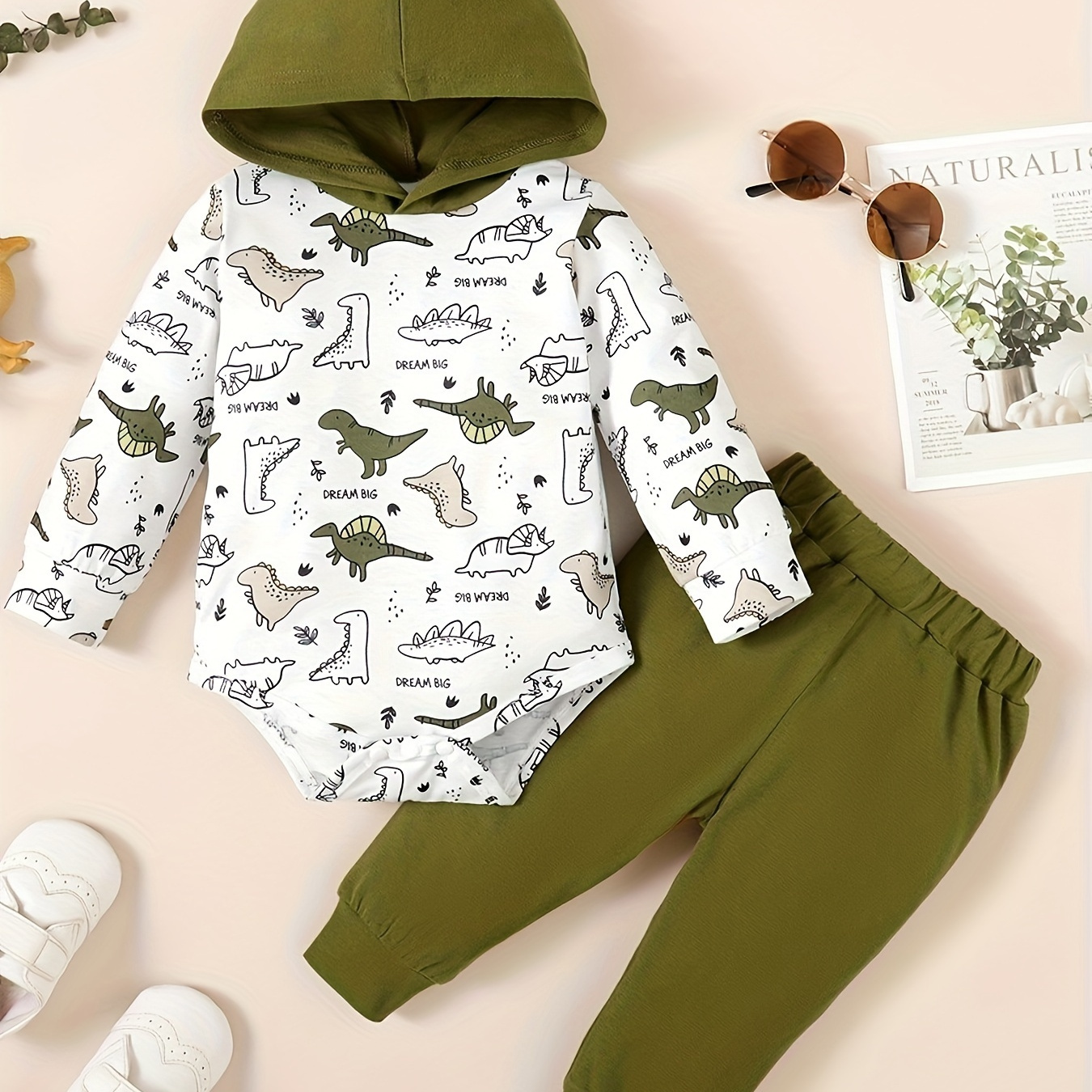 

Baby Boys Dinosaur Print Hooded Triangle Onesie & Solid Pants Set, 2pcs Infants Newborns Comfy Casual Summer Clothing