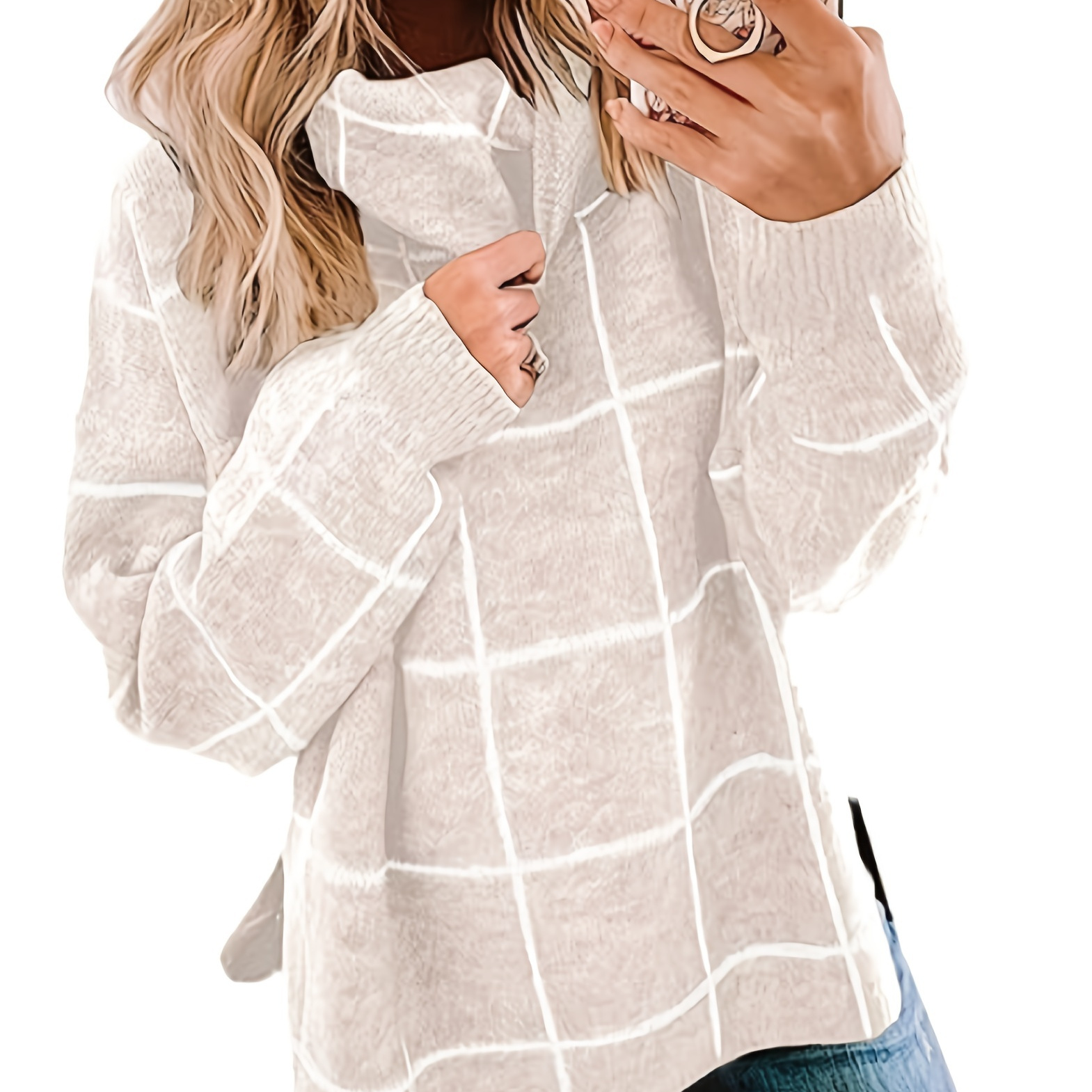 Plus Size Casual Sweater, Women's Plus Grid Print Long Sleeve Turtle Neck Jumper