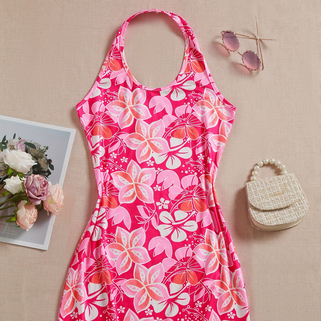 

Floral Print Halter Dress, Vacation Style Slim Dress For Spring & Summer, Women's Clothing