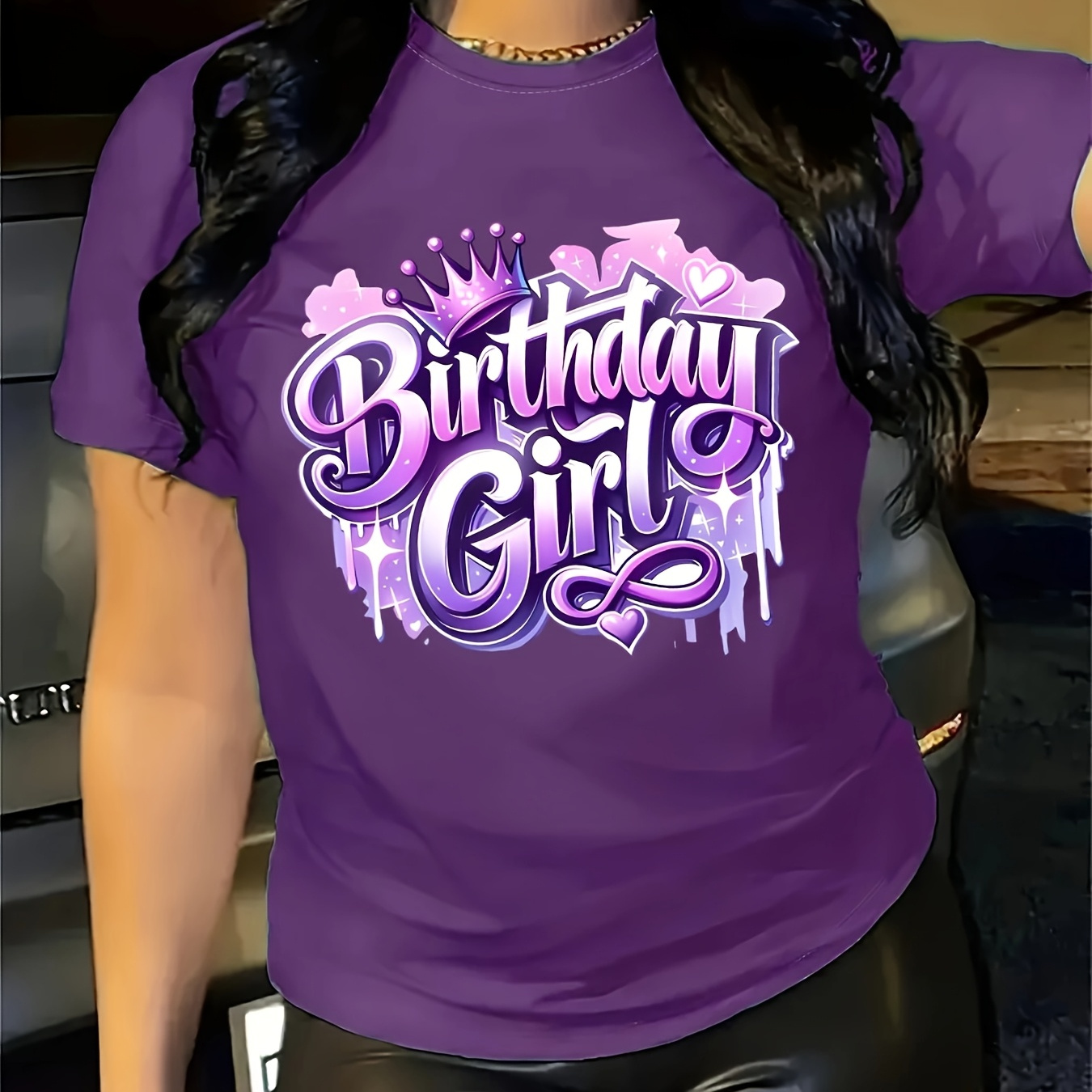 

Chic 'birthday Girl' Glittery Letter Print T-shirt - Casual Round Neck, Short Sleeve, 100% Polyester Tee With Machine Washable - Celebrations