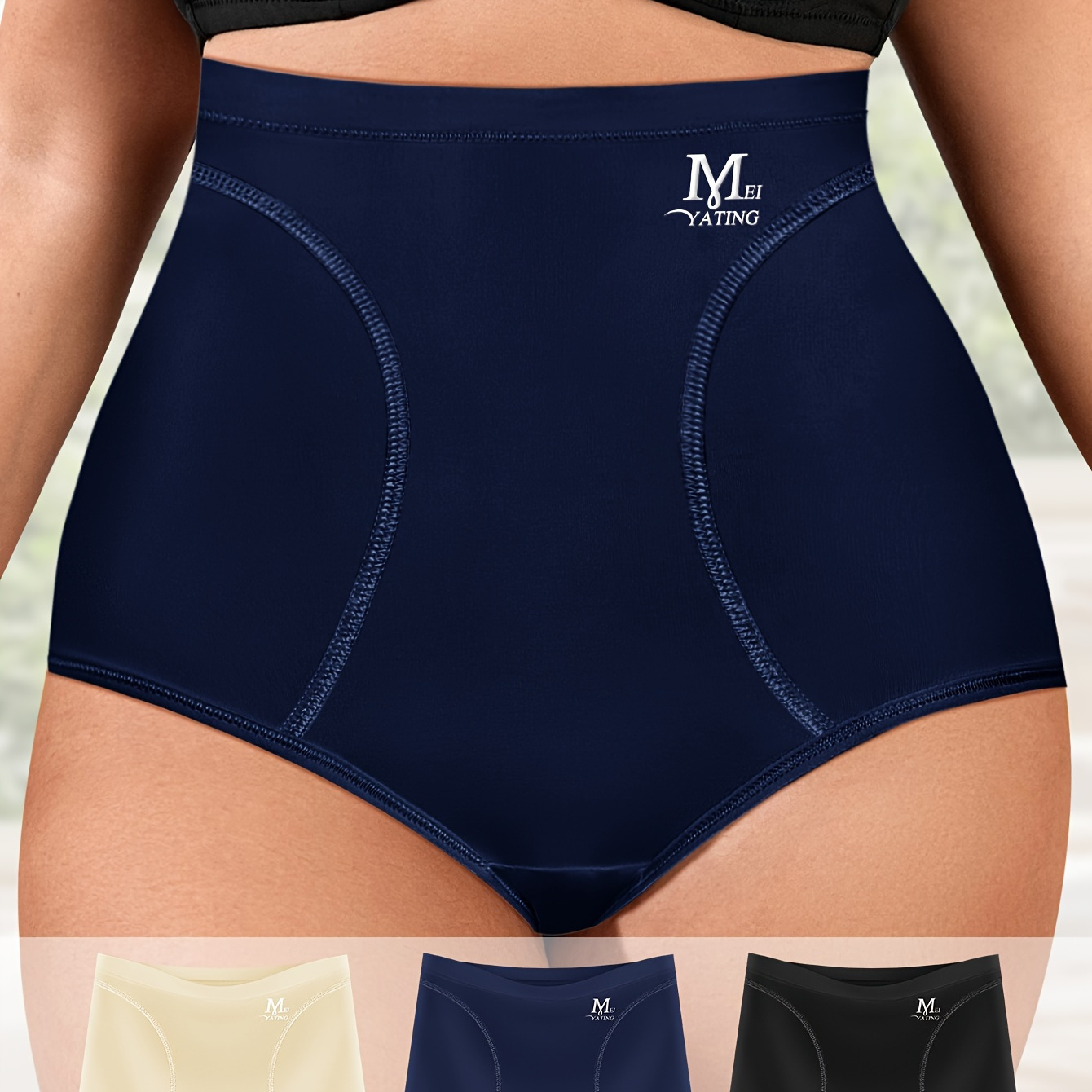 

3pcs Women's Elegant Panties Set, Plus Size Letter Print High Waist Tummy Control Seamless Briefs