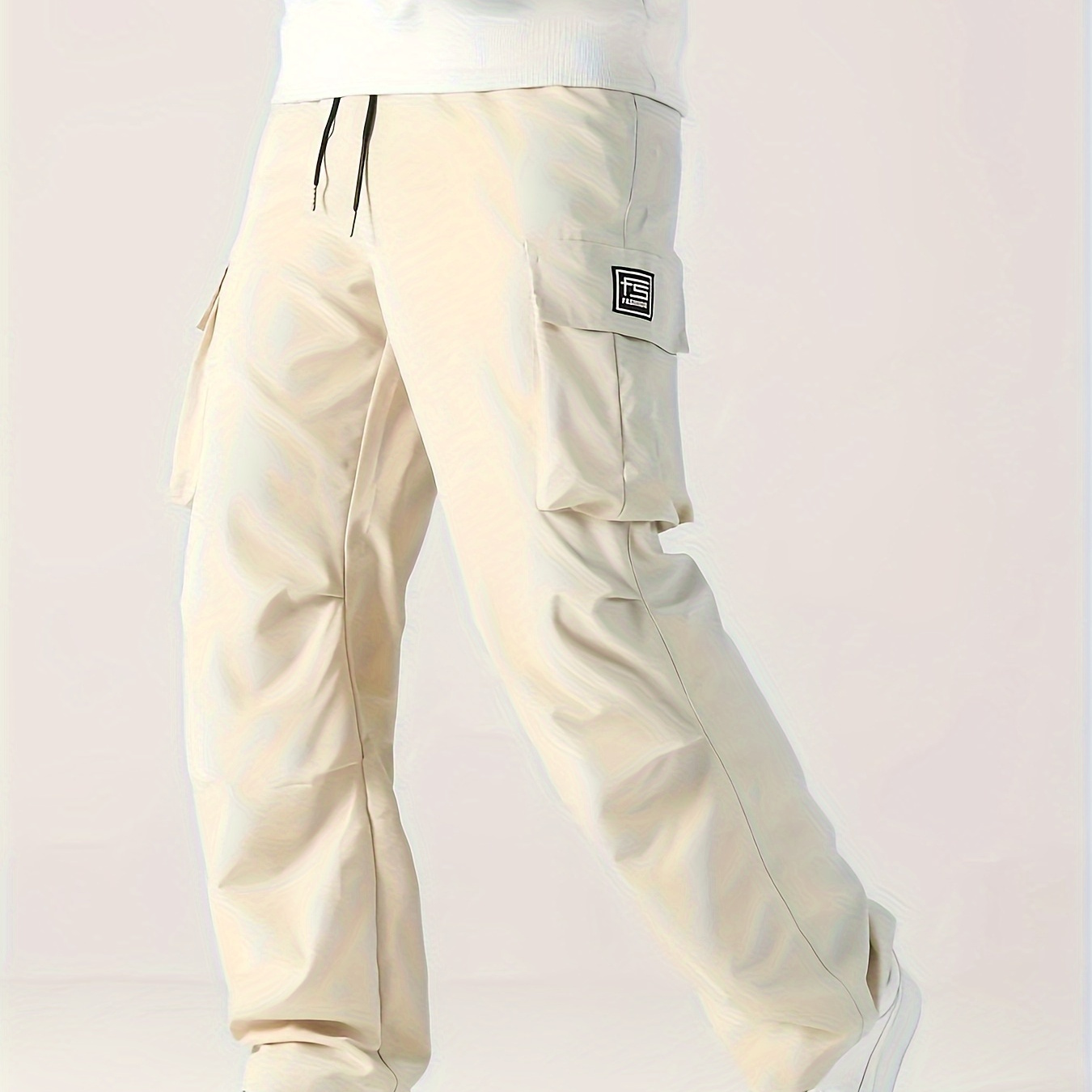 

Men's Casual Apricot Cargo Pants With Multiple Pockets - Loose Fit, Straight Leg, Black Trousers