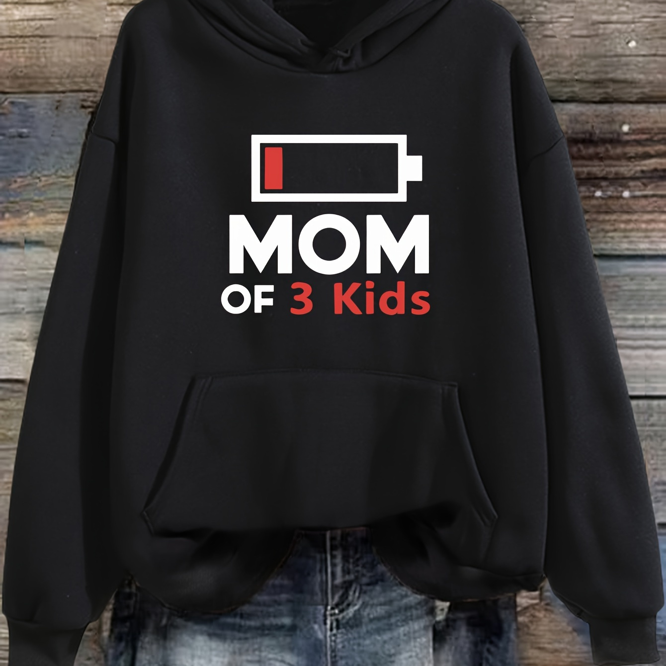 

Mom Of 3 Kids & Low Power Print Hoodie, Casual Long Sleeve Kangaroo Pocket Drawstring Hoodie Sweatshirt, Women's Clothing