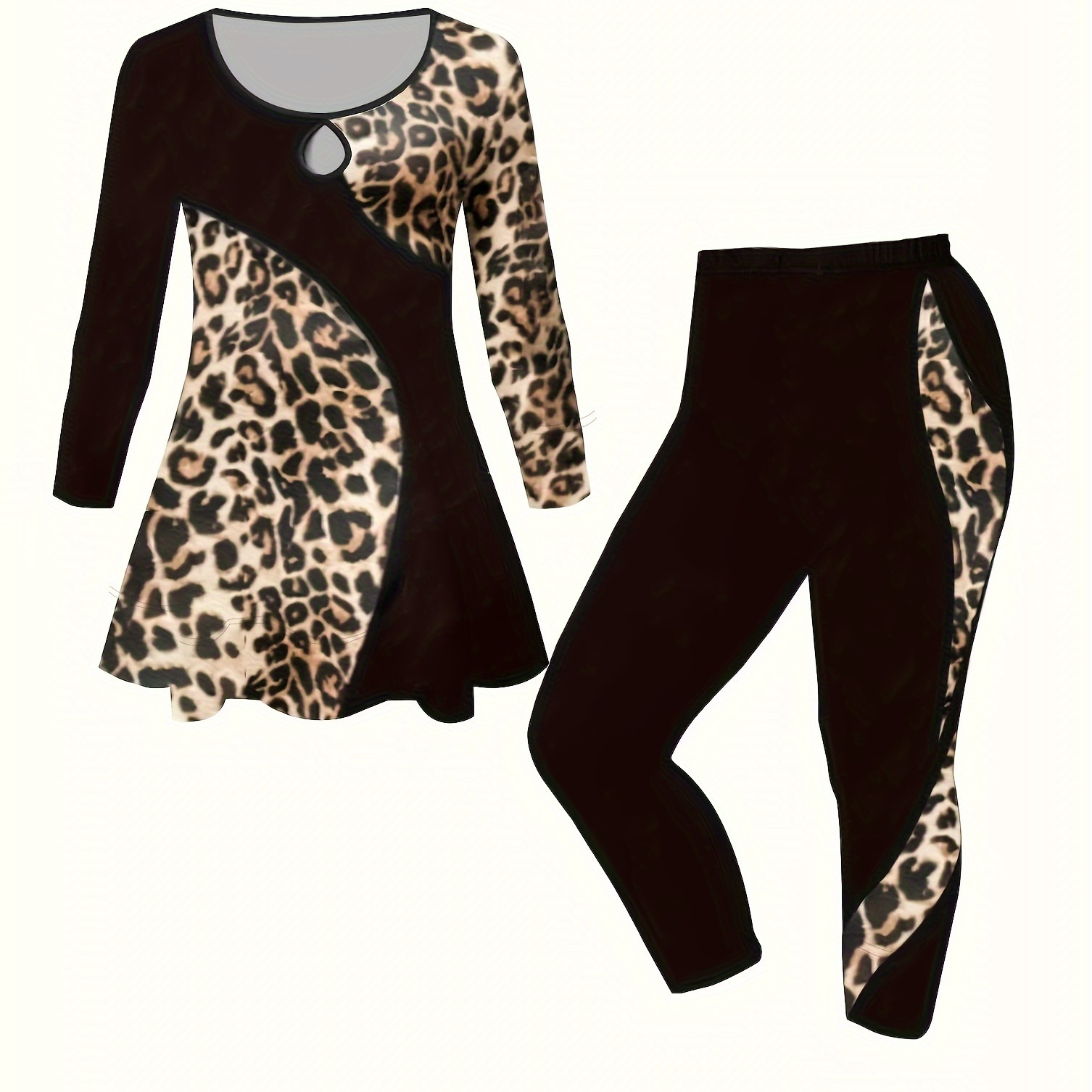 

Plus Size Leopard Print Two-piece Set, Crew Neck Keyhole Long Sleeve Top & Pants Outfits, Women's Plus Size Clothing