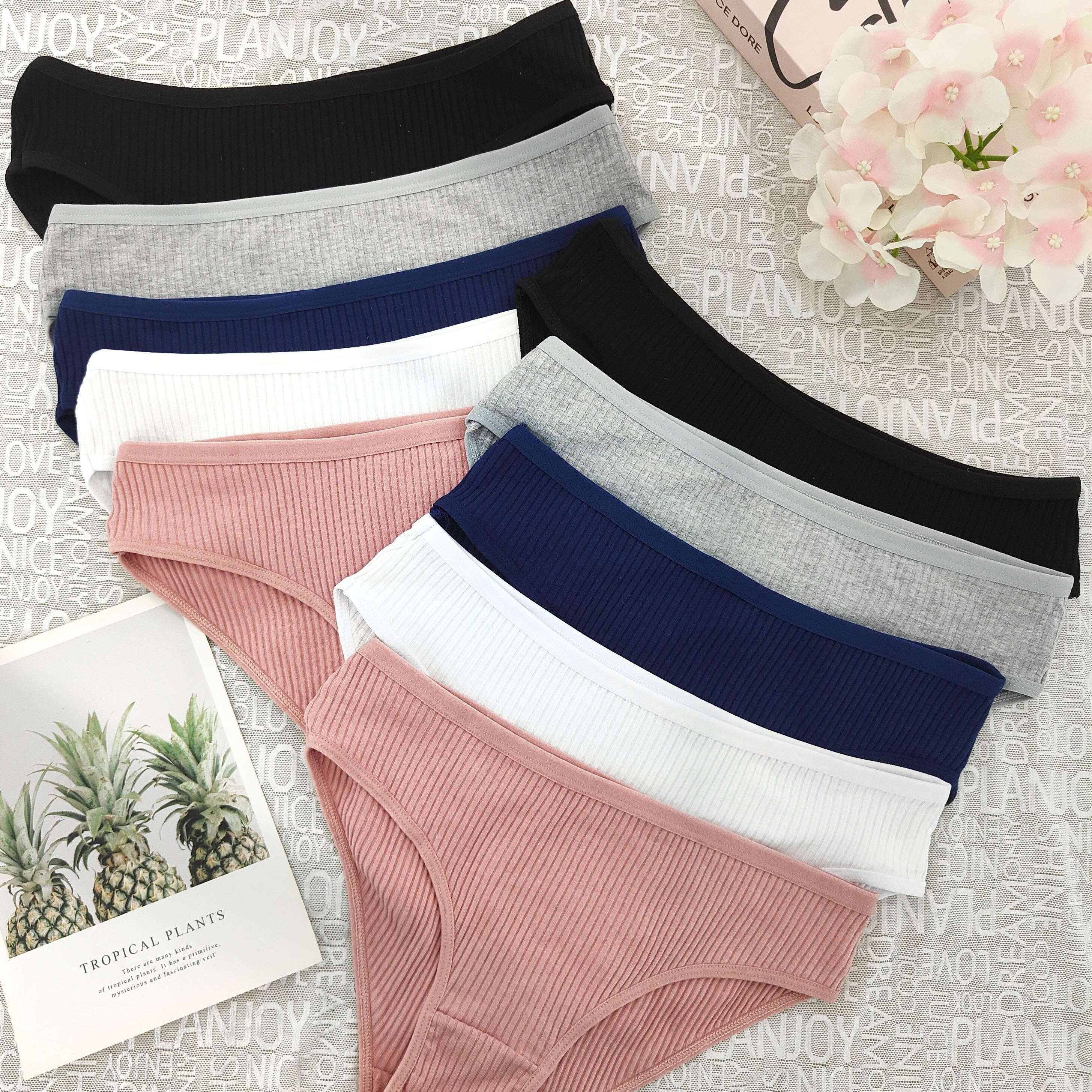 

10pcs Women's Cotton Ribbed Bikini Panties - Elegant Low-rise, Underwear, Non-transparent Solid Color