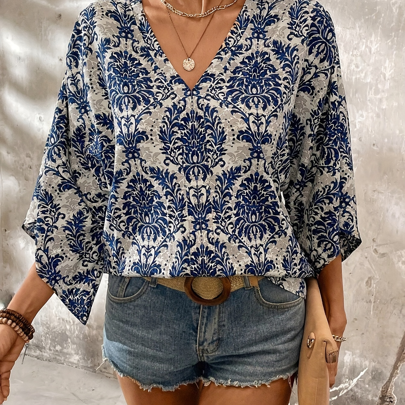 

Damask Print V Neck Blouse, Casual 3/4 Flare Sleeve Top For Spring & Summer, Women's Clothing