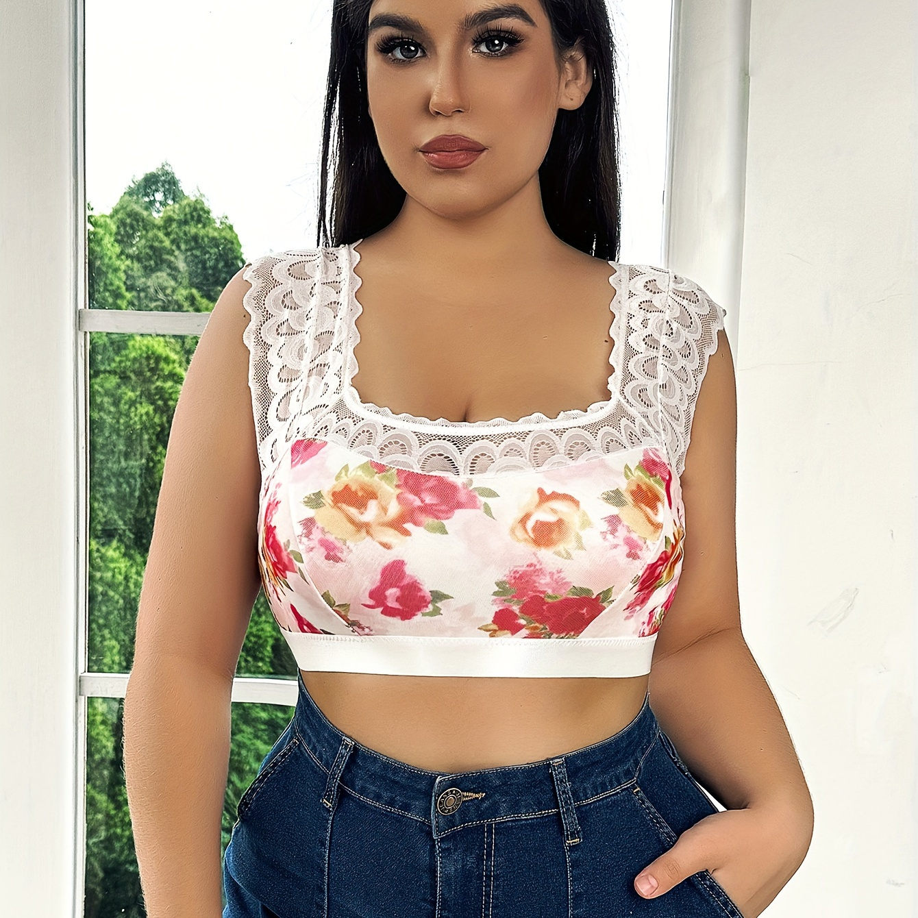 

Women's Plus Elegant Bra, Plus Size Floral Print Contrast Lace Square Neck Bralette