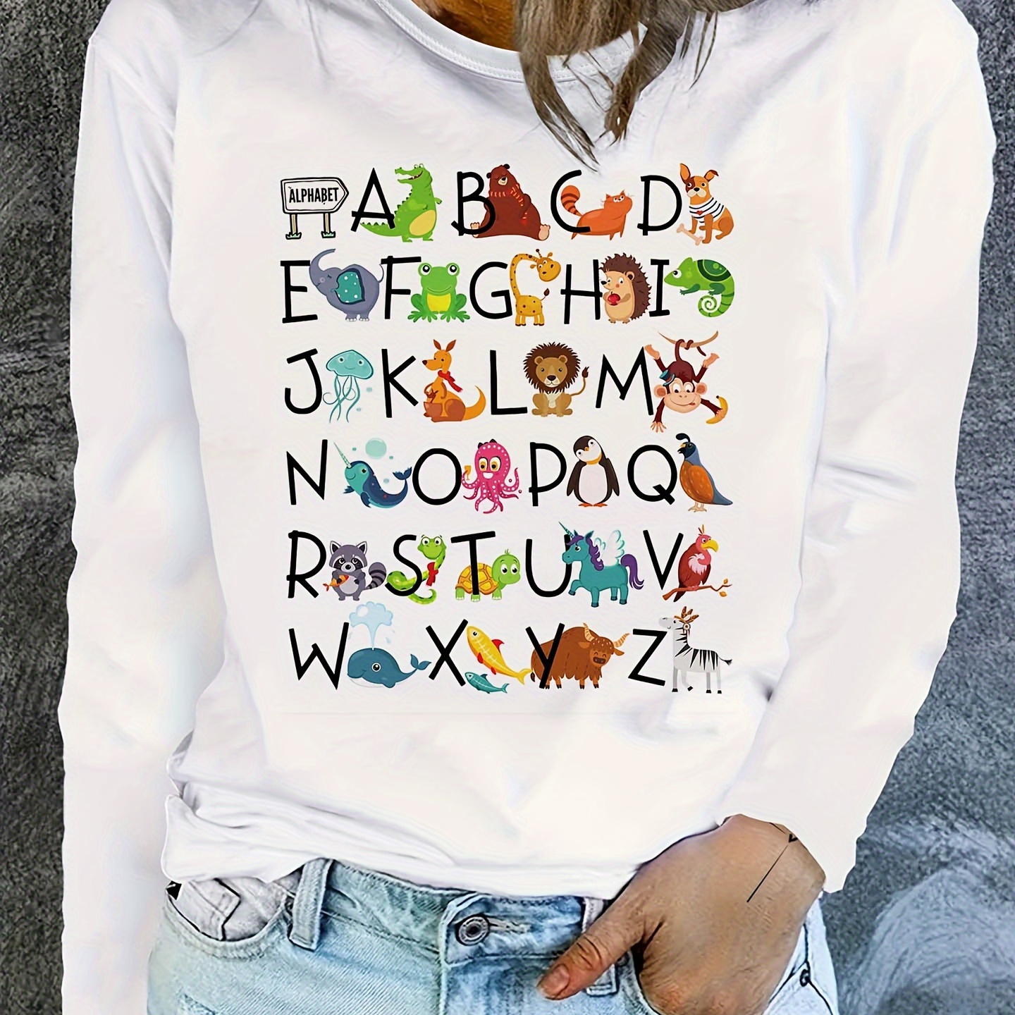 

Elegant Crew Neck Knit Polyester Long Sleeve T-shirt With Alphabet Print For Fall/winter