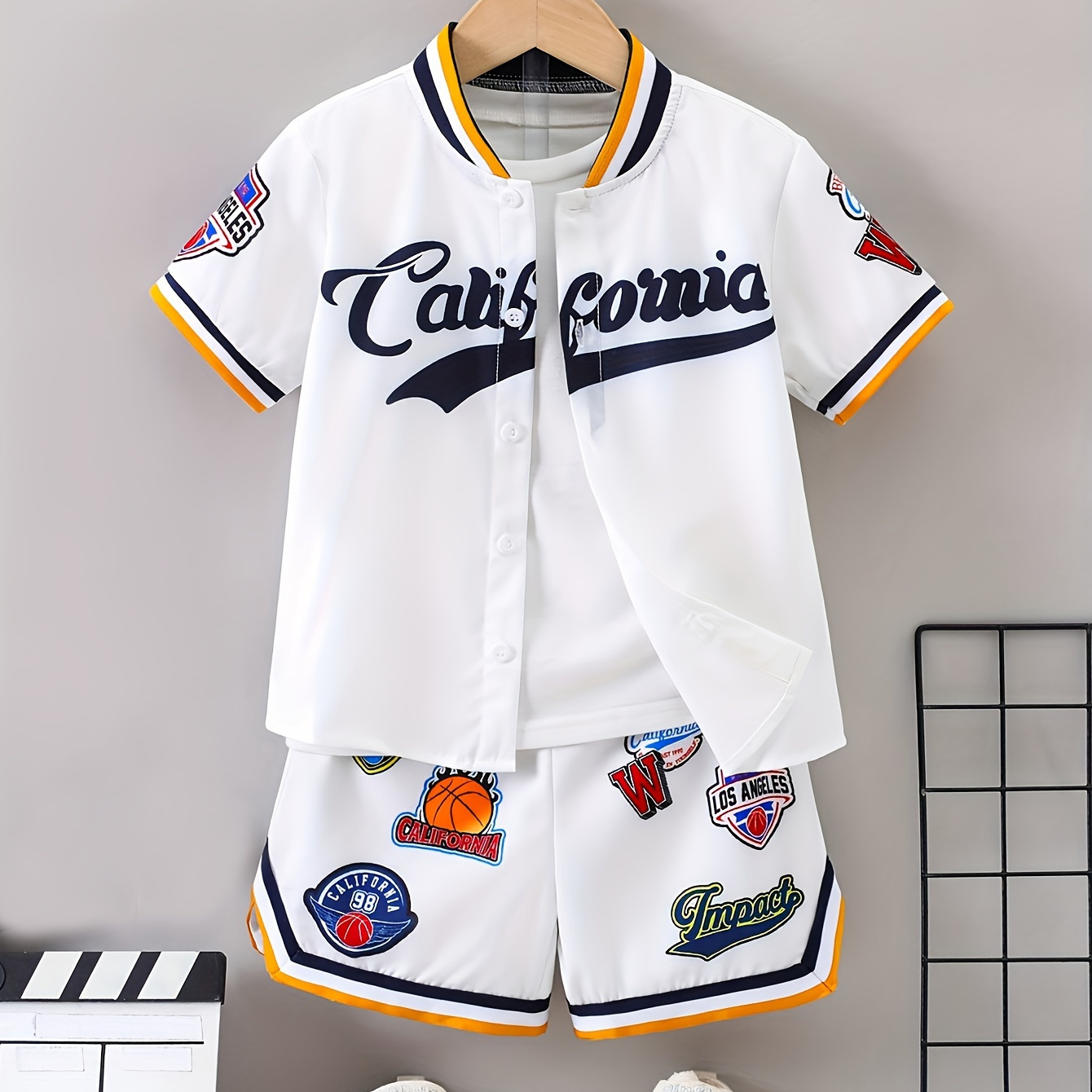 

Boys 2-piece Sports Outfit Set, Casual American-style Printed Tee And Shorts With California Letter Print, Fashionable Summer Athletic Wear