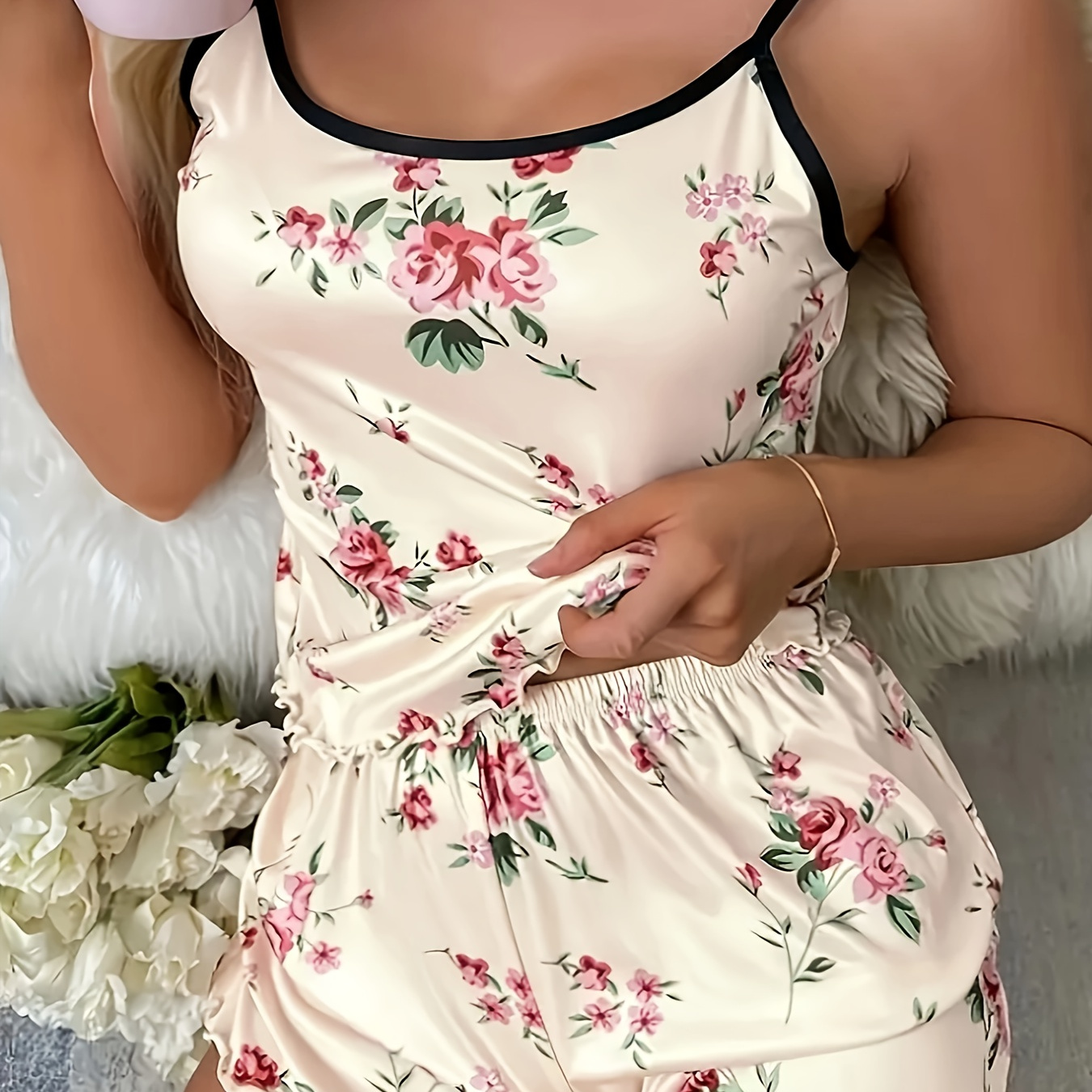 

Women's Plus Elegant Pajamas Set, Plus Size Floral Print Round Neck Frill Trim Cami Top & Shorts Lounge 2 Piece Set