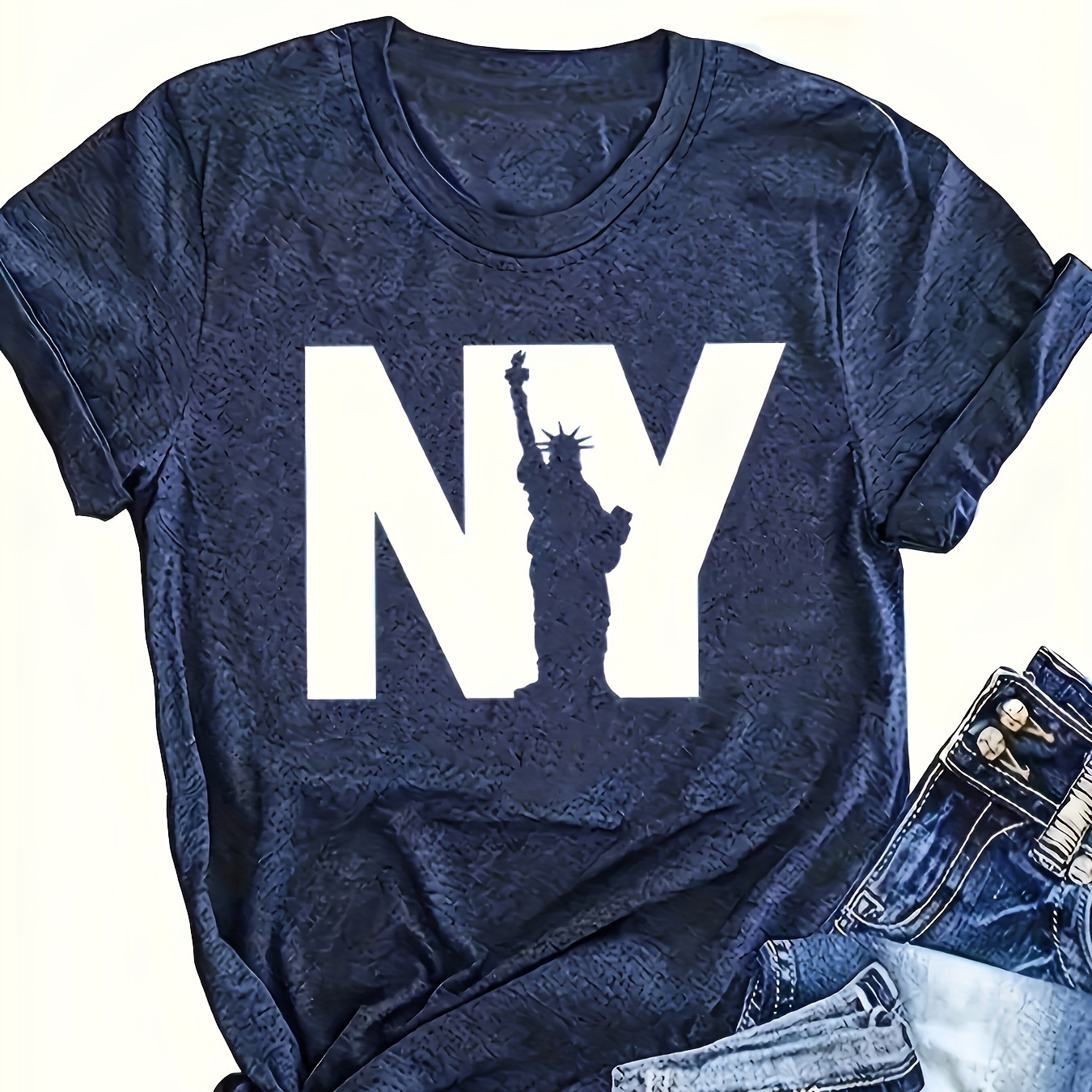 

Women's Casual Nyc Graphic Tee - Navy Blue, Round Neck Short Sleeve, Loose Fit, Breathable Rayon T-shirt