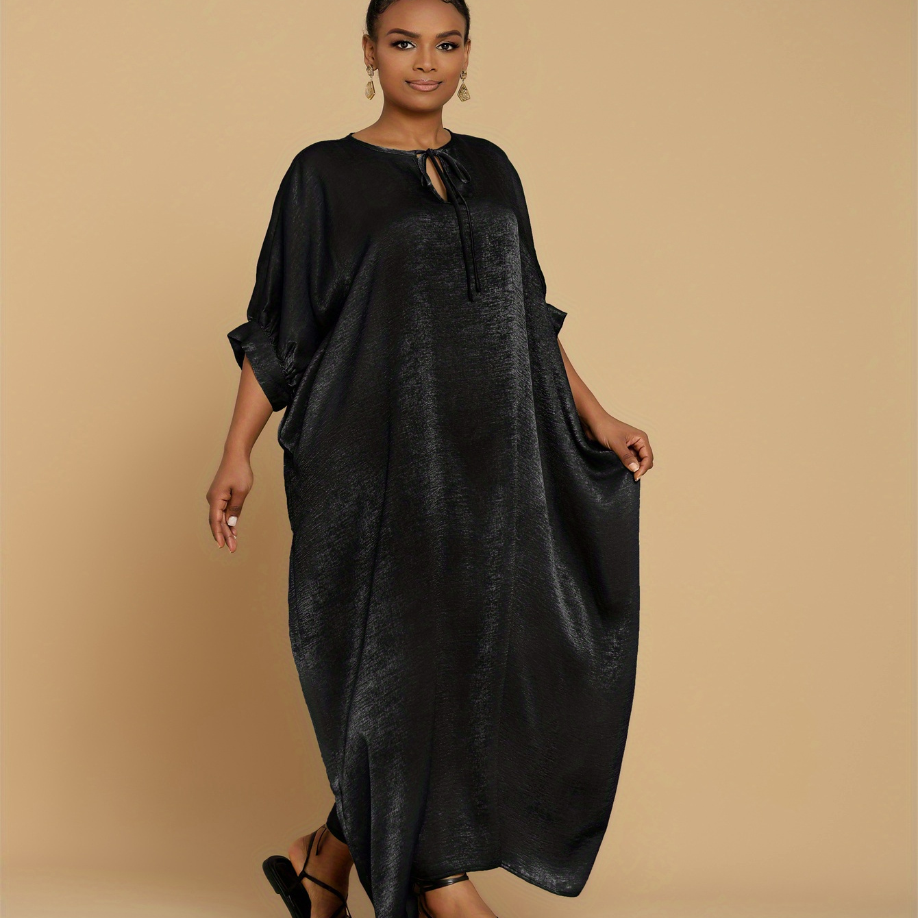 

Tied Neck Velvet Coverup Dress, Elegant 3/4 Sleeve Loose Comfy Maxi Dress, Women's Clothing