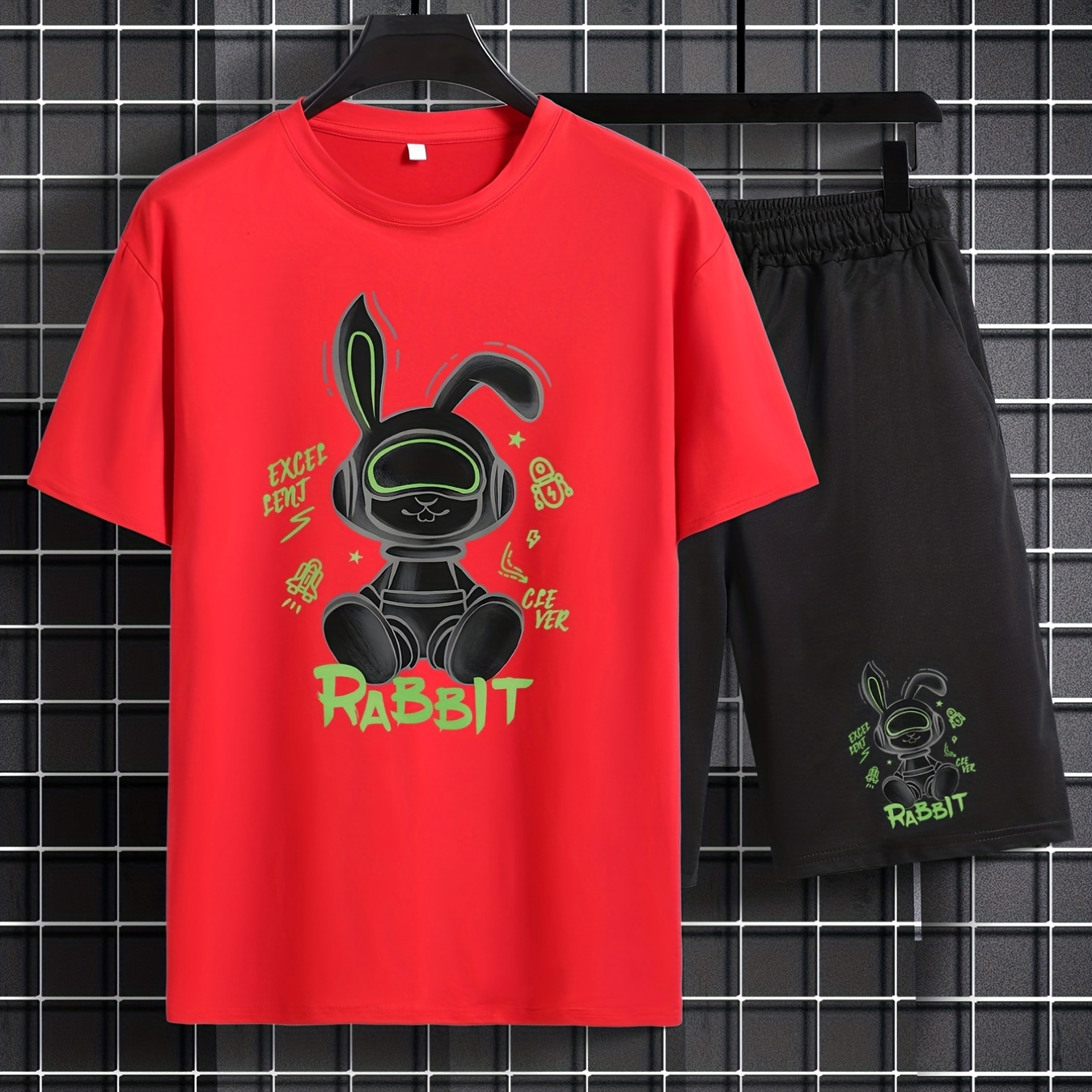 

Future Anime Rabbit Print, Men's 2pcs Outfits, Casual Crew Neck Short Sleeve T-shirt And Drawstring Shorts Set For Summer, Men's Clothing Loungewear Vacation Workout