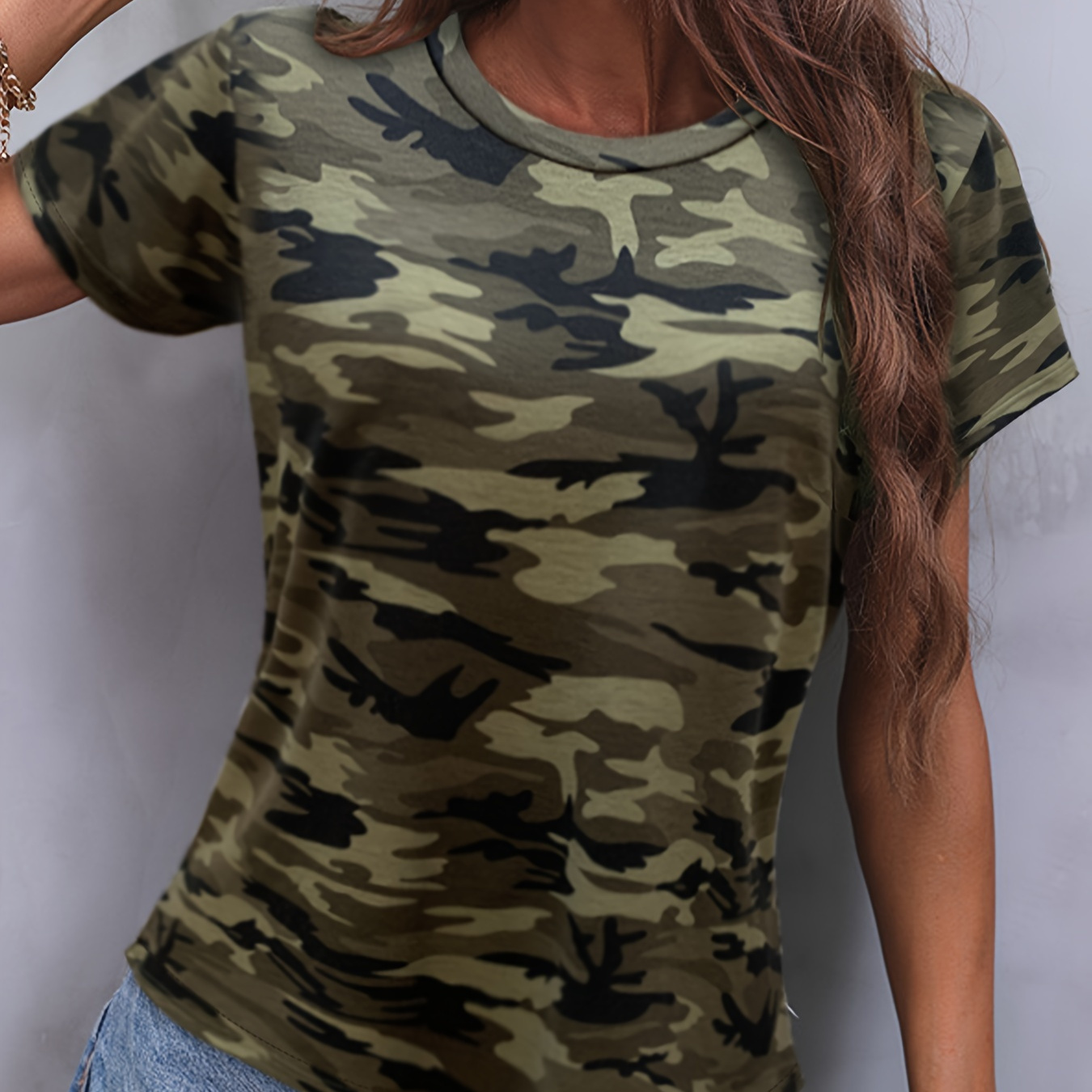 

Camo Print Crew Neck T-shirt, Casual Short Sleeve T-shirt For Spring & Summer, Women's Clothing