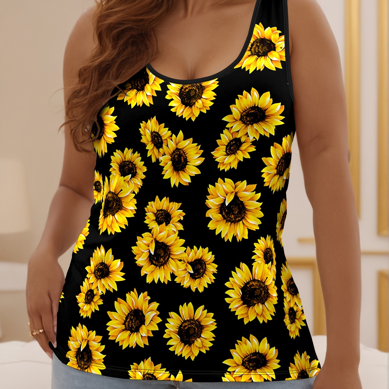 

Plus Size Sunflower Print Tank Top, Casual Crew Neck Sleeveless Top, Women's Plus Size clothing