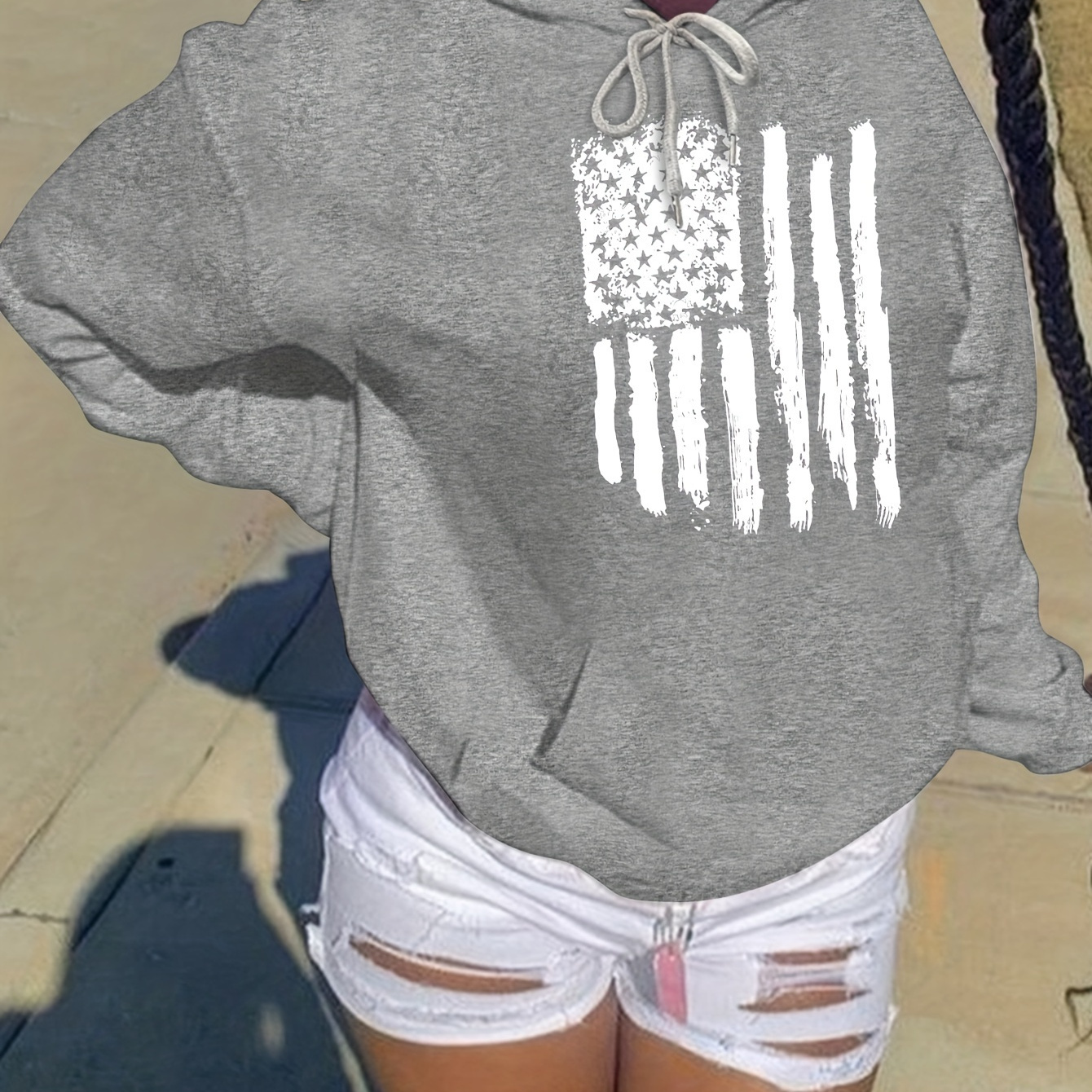 

Flag Print Hoodie, Drawstring Casual Hooded Sweatshirt For Fall & Spring, Women's Clothing