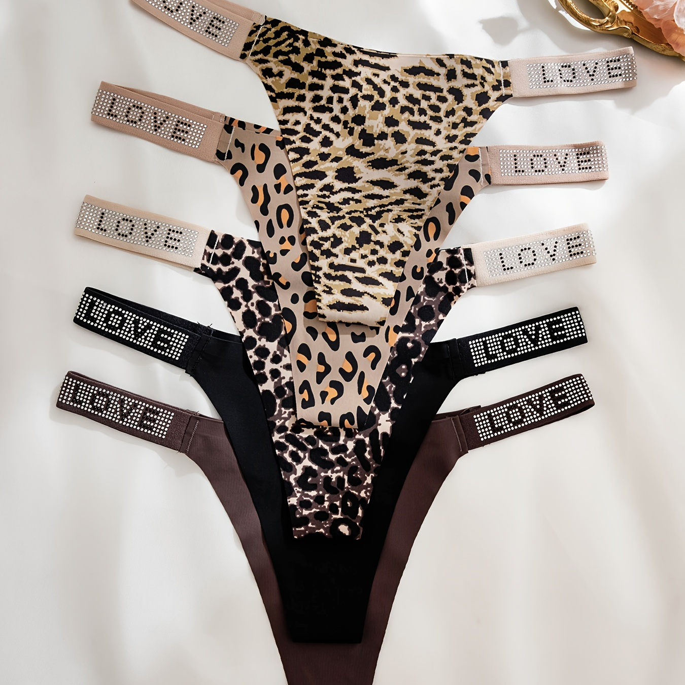 

5pcs Rhinestone Tape Leopard Print Low Waist Thongs, Simple Comfy Breathable Stretchy Intimates Panties, Women's Lingerie & Underwear