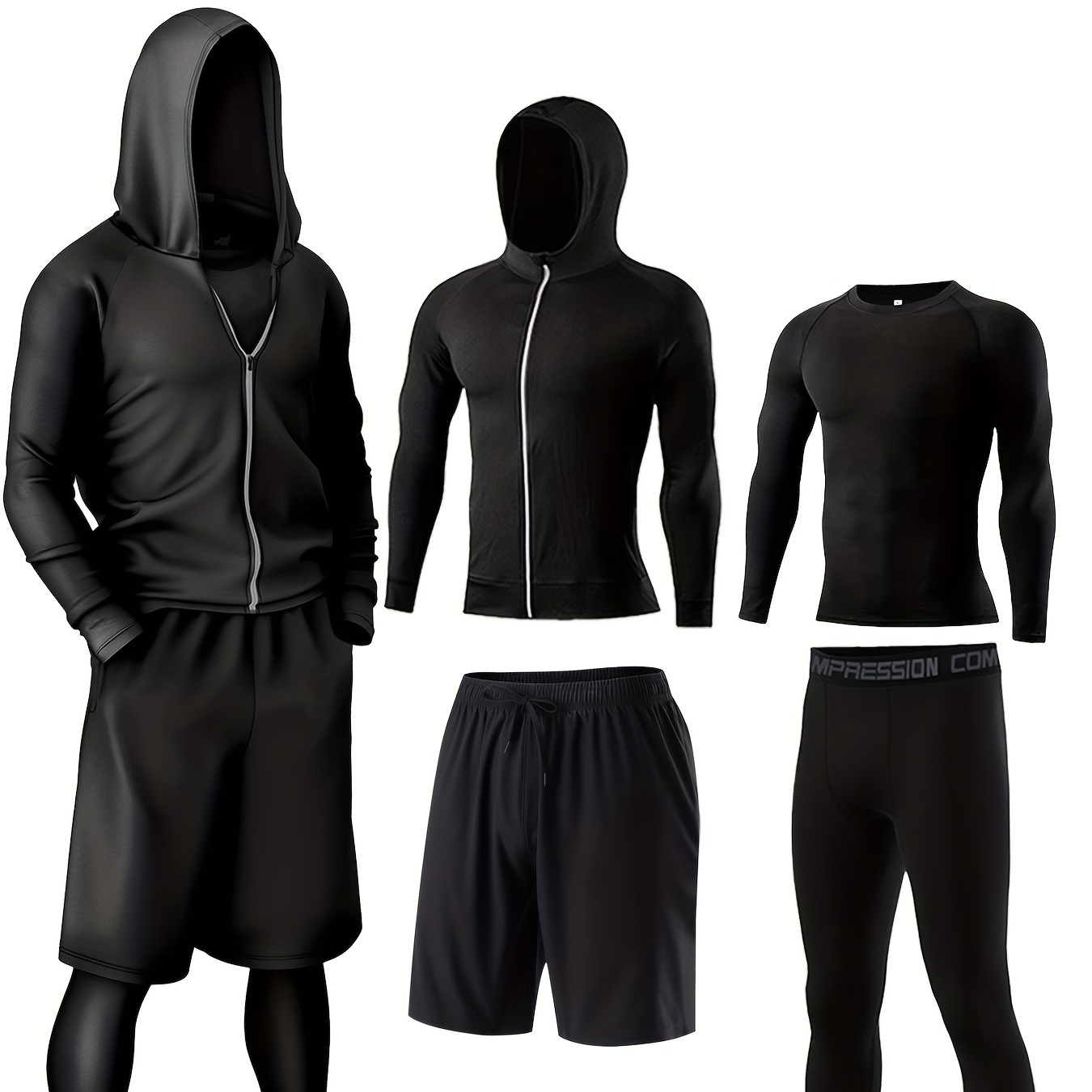 

4-piece Men's Activewear Set, Breathable & Quick-drying, Athletic Sports Tracksuit - Hoodie, Jacket, Shorts & Pants For Running, Fitness, Outdoor Activities