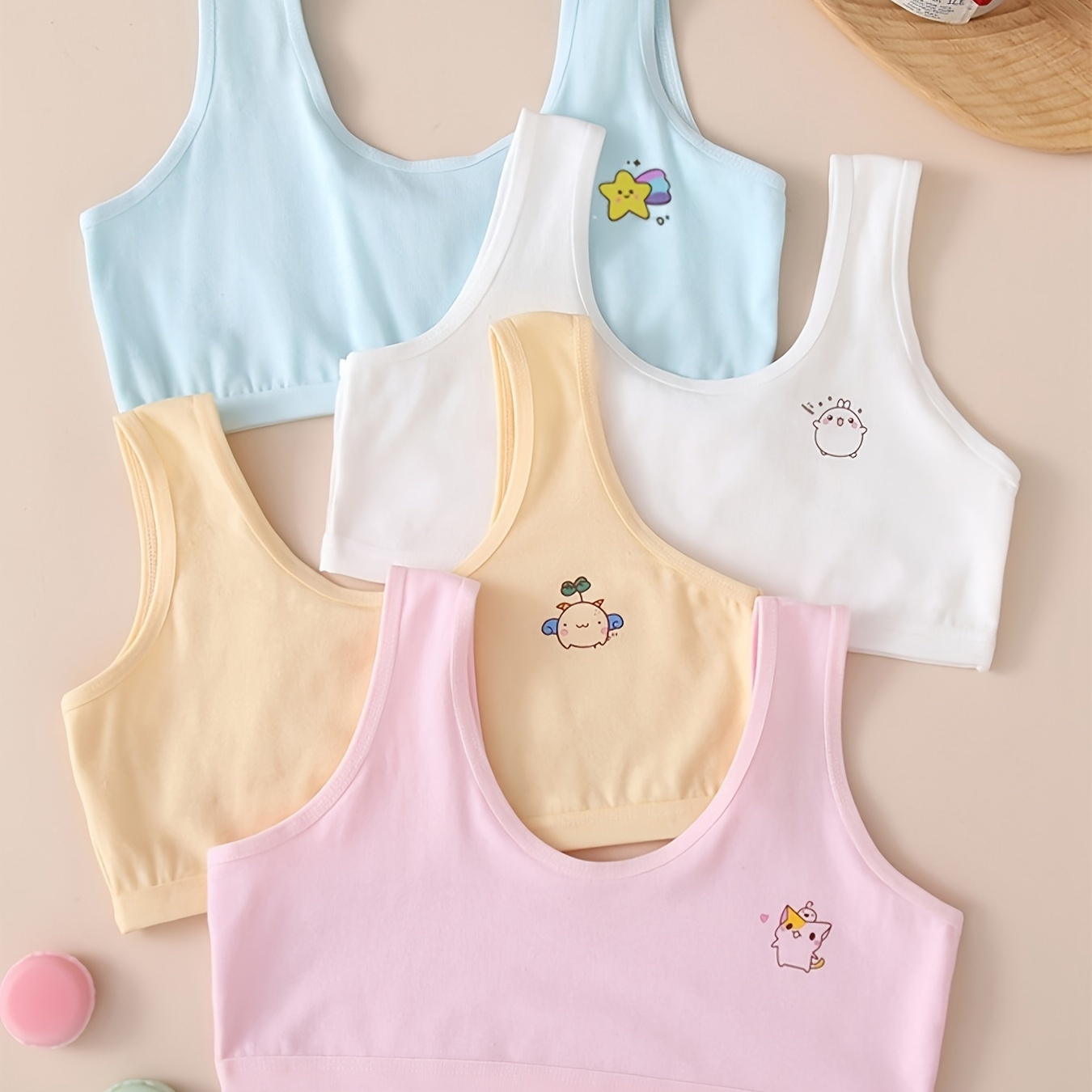 

4 Pcs Girl's Cute Star & Rabbit & Cat Print Cami Top, Comfy & Breathable Underwear For 6-12 Years, All Season Wearing