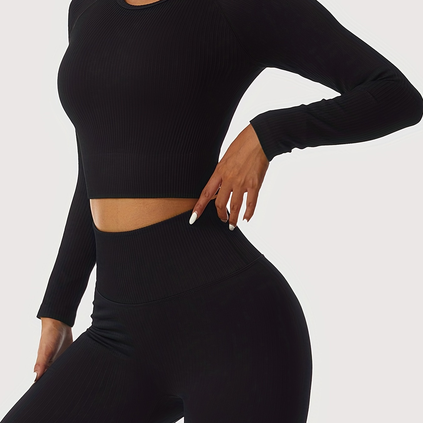 Yoga Sports Set For Solid Color Long Sleeve Crop Top - Temu