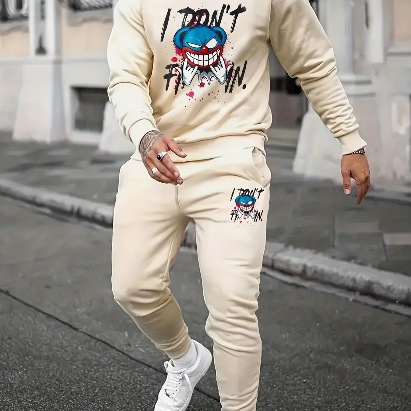 Novelty Graffiti Print Men's Crew Neck Sweatshirt & Casual Long Pants Set,  Men's Spring Fall All-match Outfit