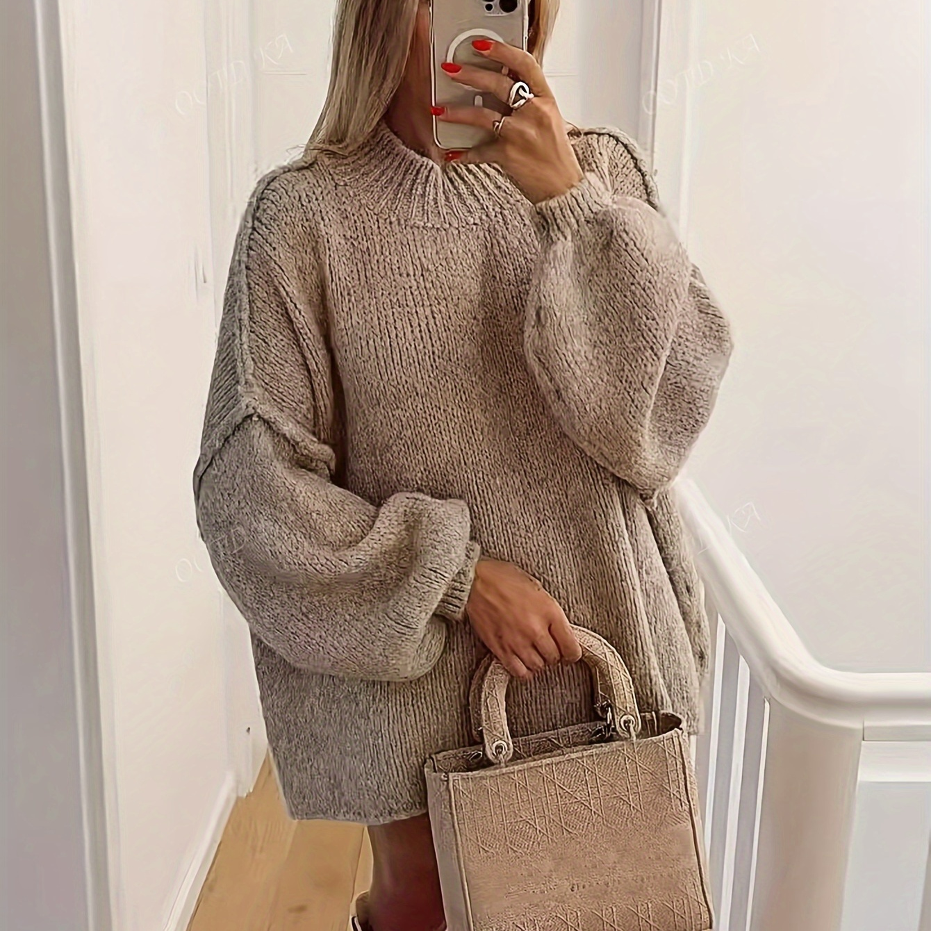 

Solid Color Mock Neck Sweater, Elegant Lantern Sleeve Pullover Sweater For Fall & Winter, Women's Clothing