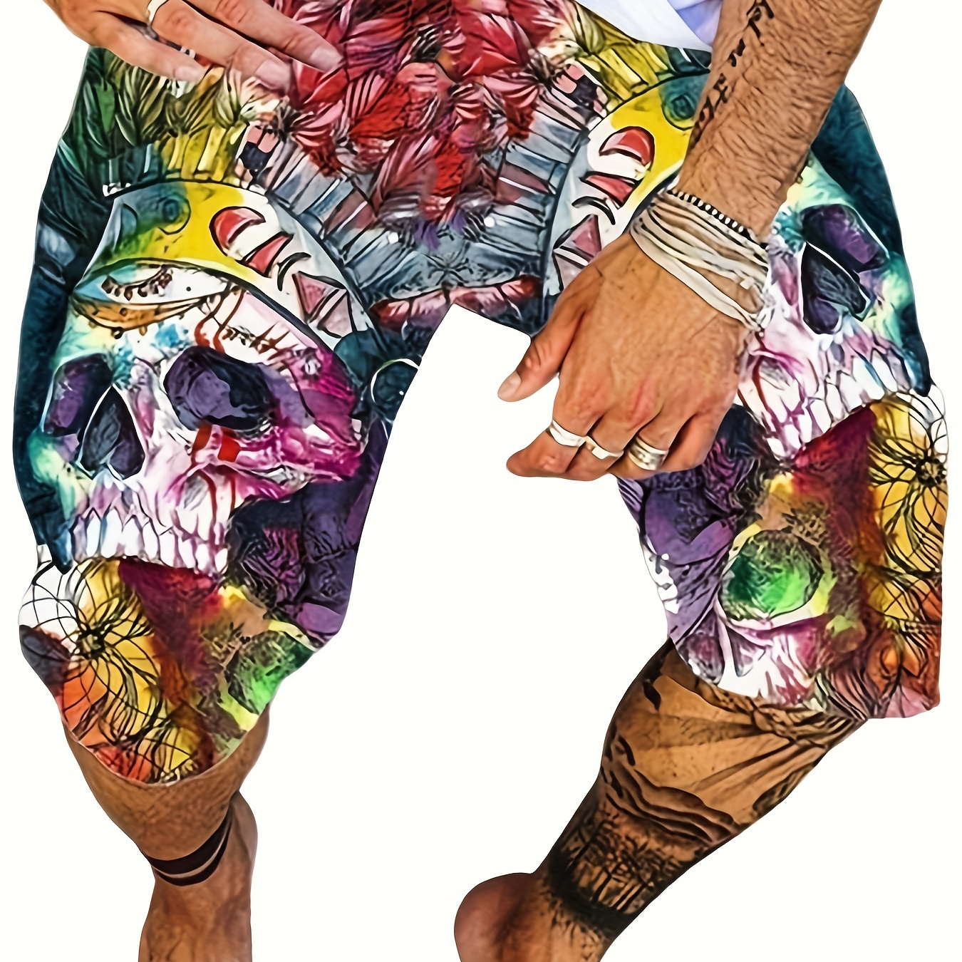 Men's Plus Size Skull Graphic Shorts Beach Pants Holiday Shorts, Elastic Drawstring Sports Short Pants,