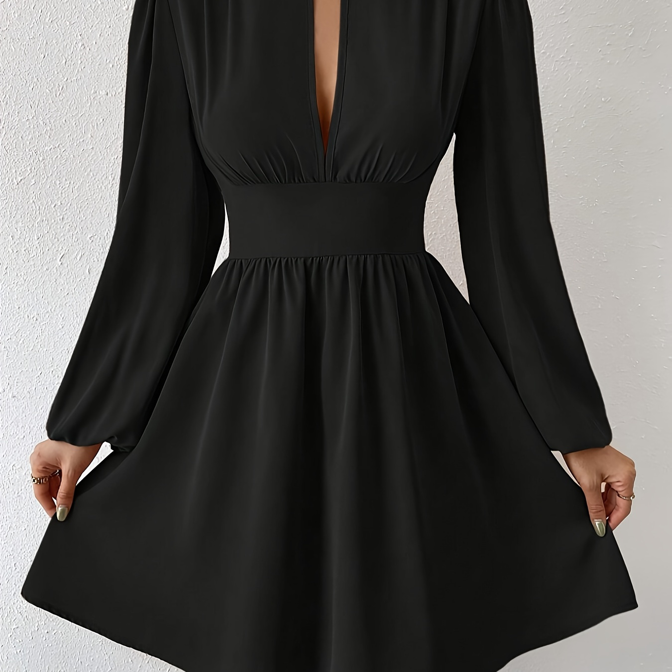 

Cut Out Mock Neck Dress, Elegant Long Sleeve Ruched Mini Dress For Spring & Fall, Women's Clothing