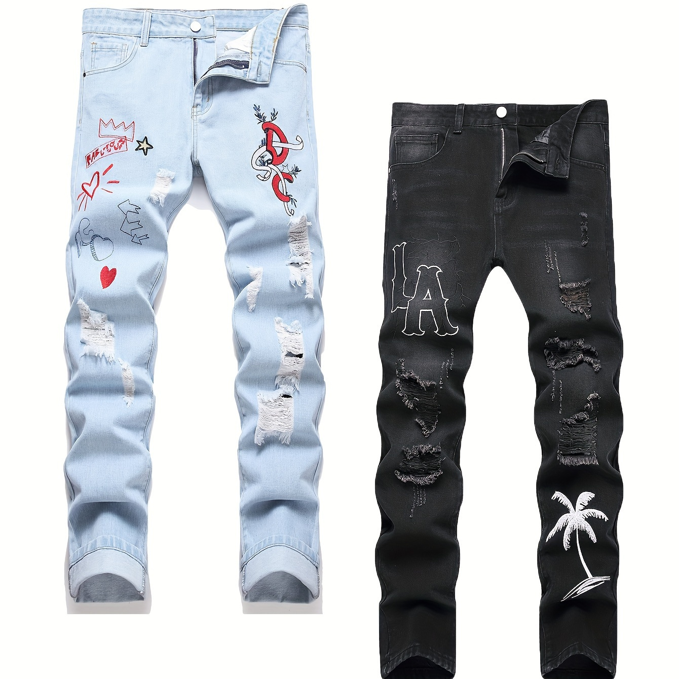 

2 Pieces Of Men's Embroidery & Letter Palm Tree Embroidery Ripped Jeans, Slim Jeans, Fashionable Casual Men's Pants, Street Distressed Ripped Skinny Jeans For Men, Halloween Gifts