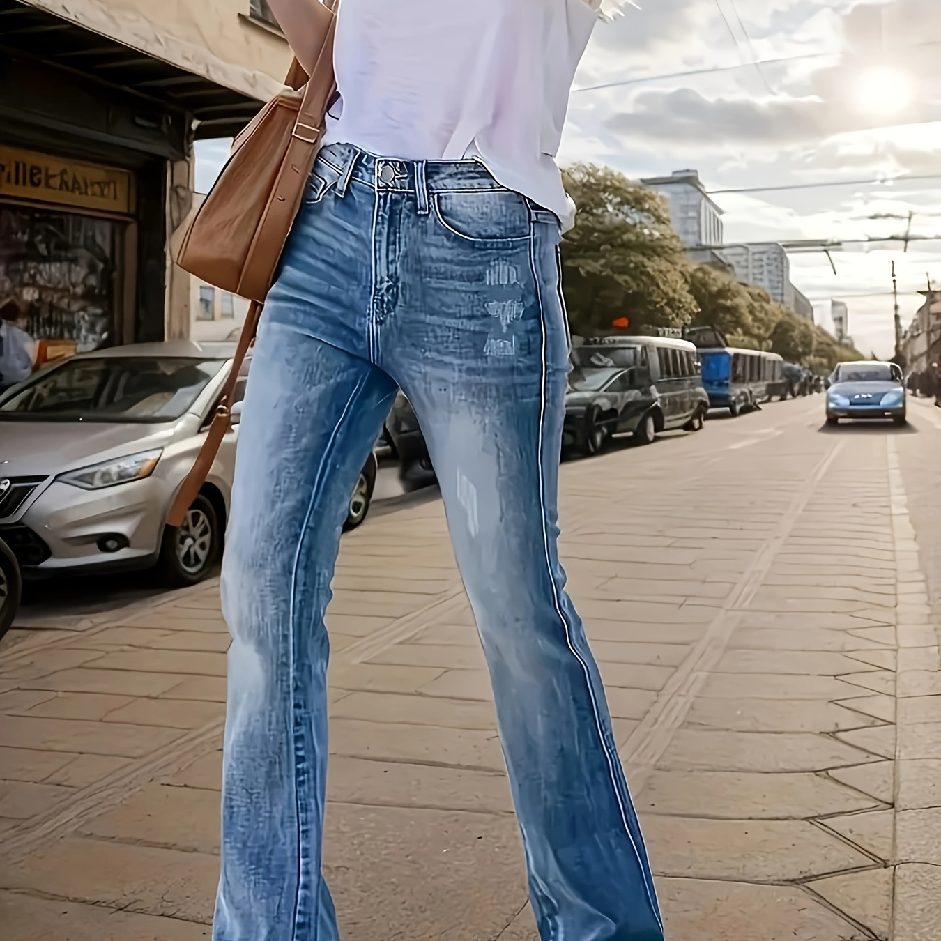 

Ladies' Long High Waisted Denim Flared Pants, Retro , Casual Pants For Outdoor Wear