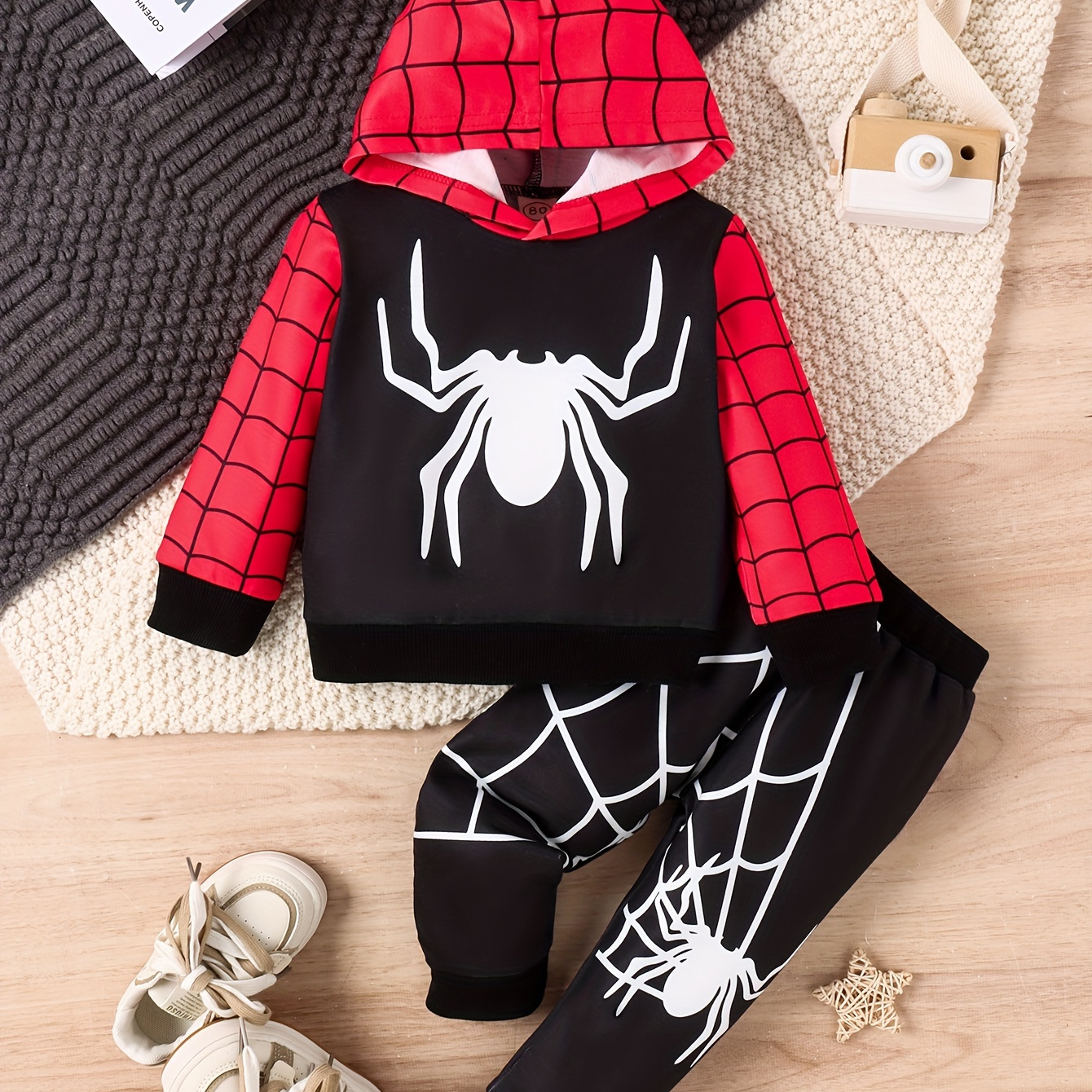 

2pcs Boy's Cartoon Spider Print Hooded Outfit, Web Pattern Thin Hoodie & Pants Set, Kid's Clothes For Spring Fall, As Gift