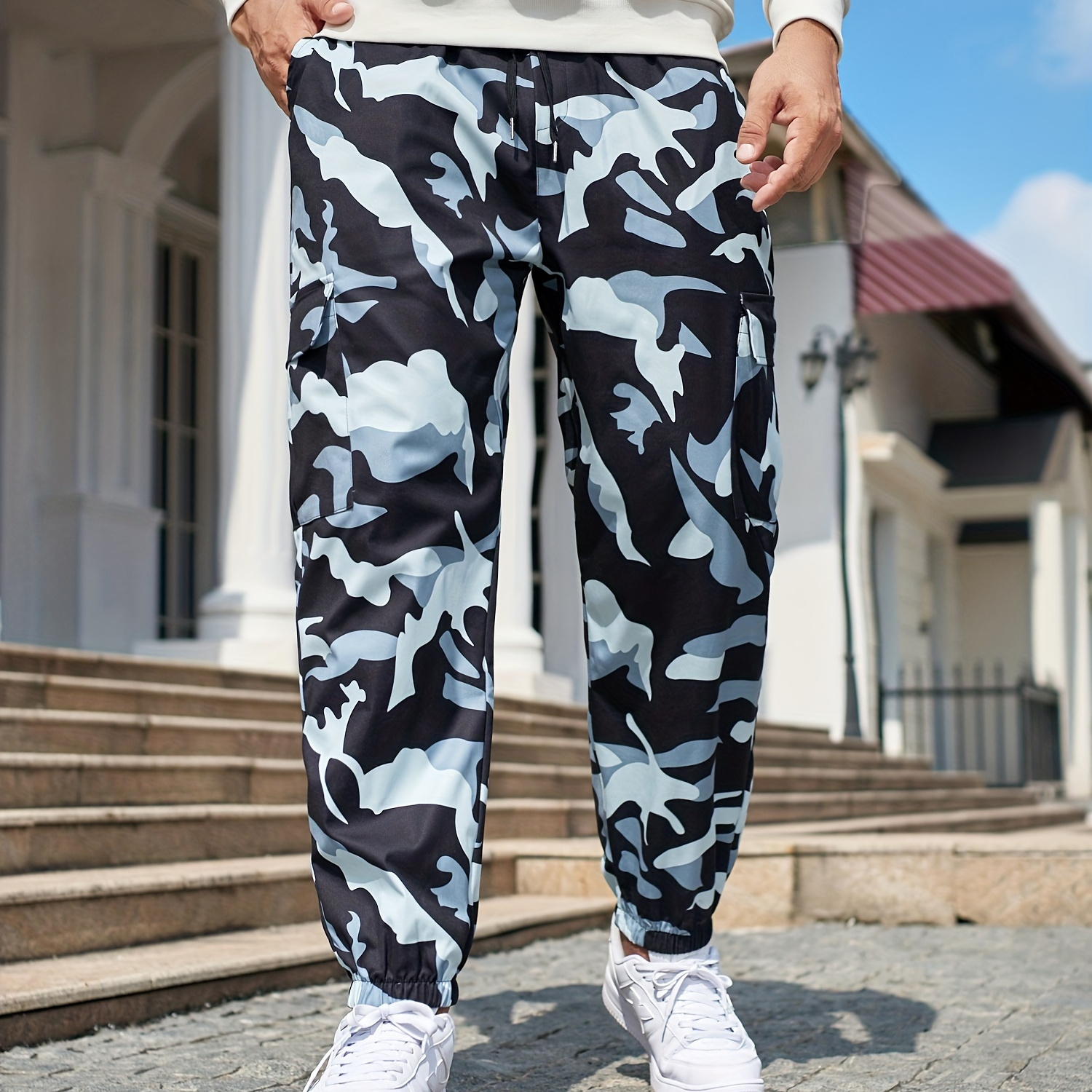 Men's Stylish Casual Drawstring Oversized Cargo Pants, Camouflage Graphic Print Loose Pants For Spring Fall Plus Size