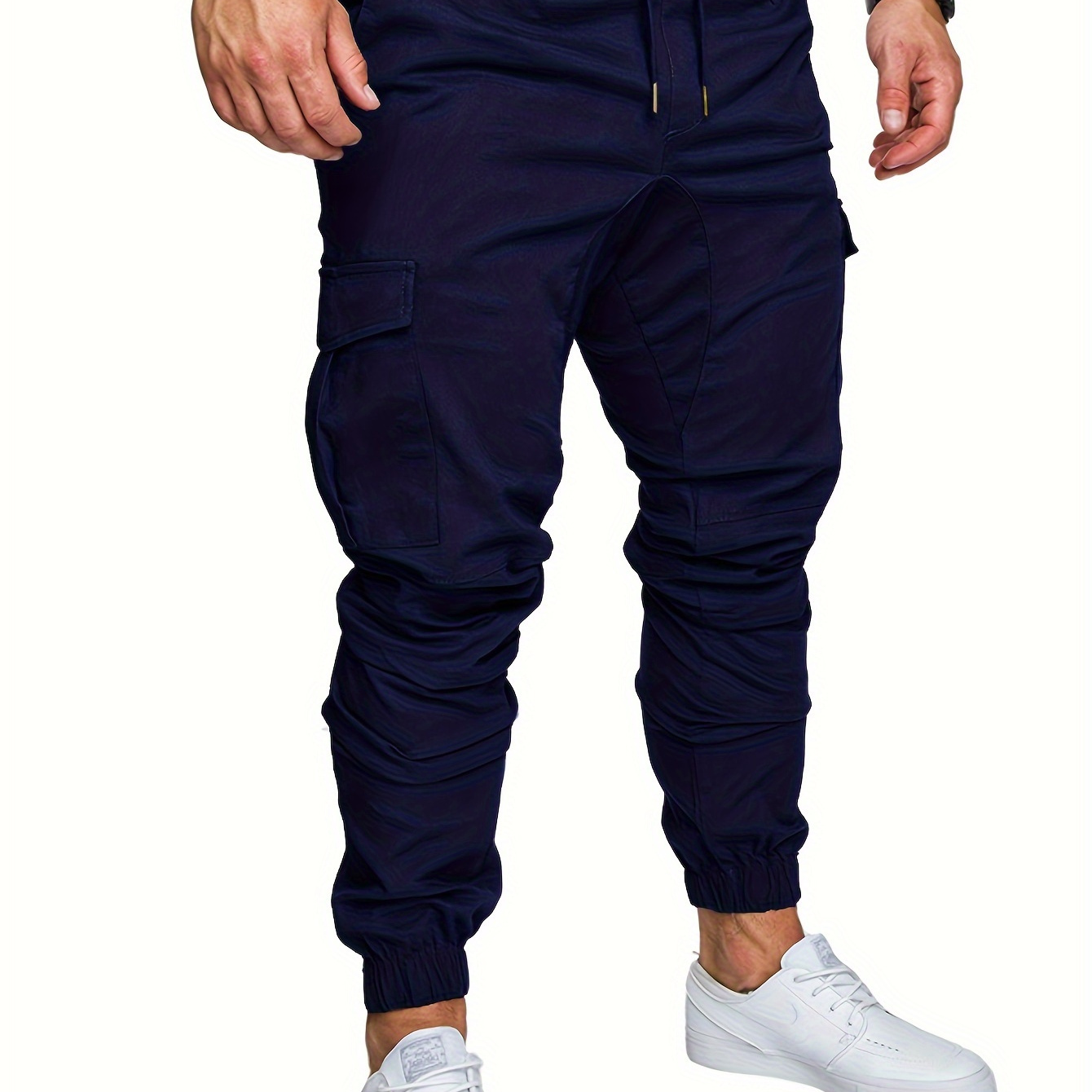

Men's Solid Cargo Pants With Multi Pockets, Drawstring Cotton Blend Joggers For Outdoor