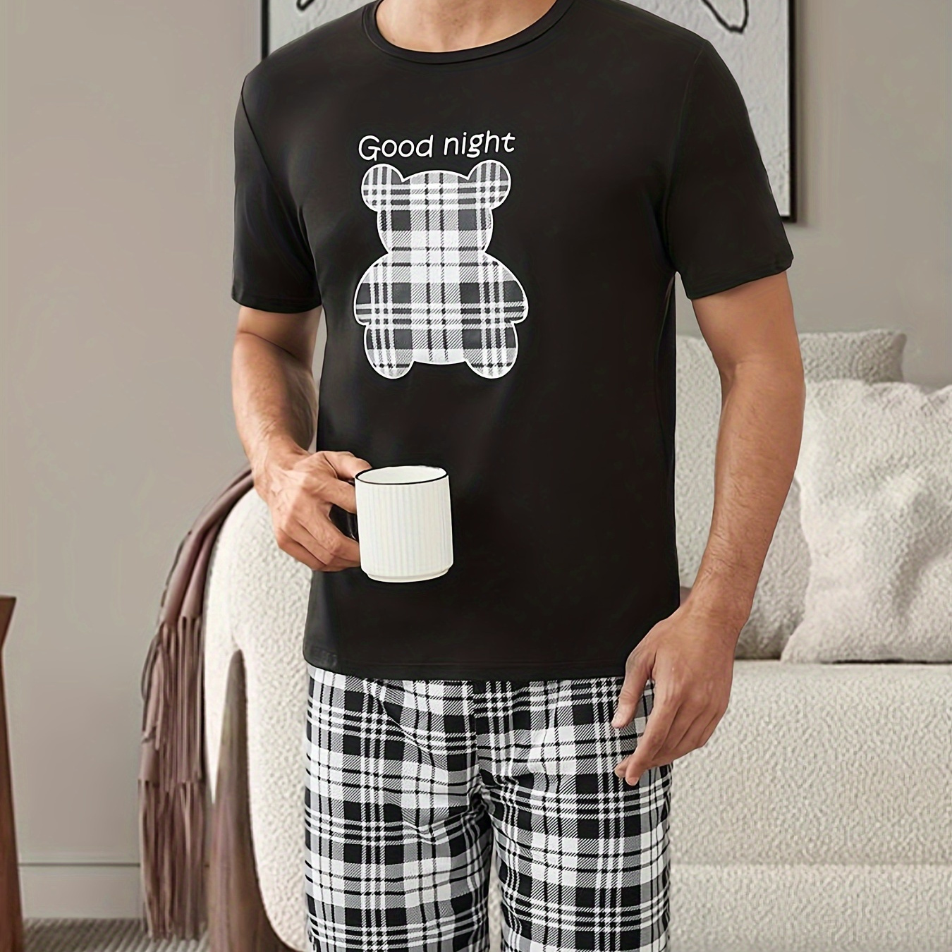 

Men's Cute Bear & Letter Print Pajama Set - Comfy Polyester , Stretchy Short Sleeve Top & Shorts, Machine Washable