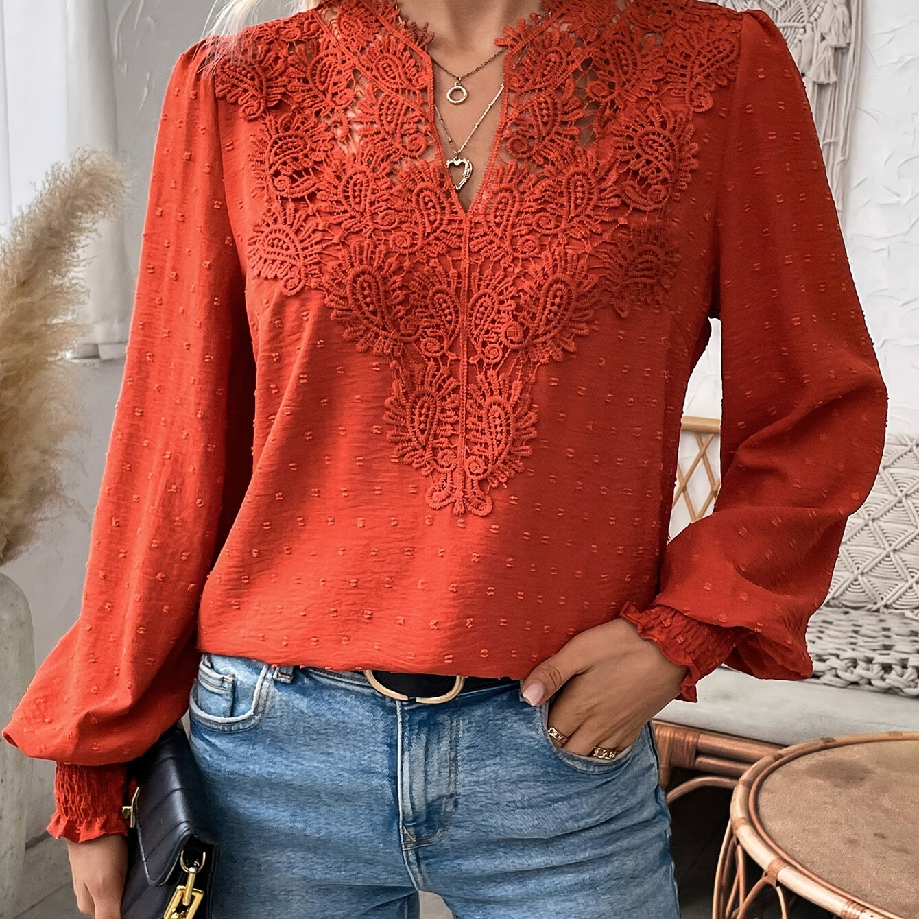 

Lace Splicing Swiss Dot V-neck Blouse, Elegant Long Sleeve Blouse Top For Spring & Fall, Women's Clothing