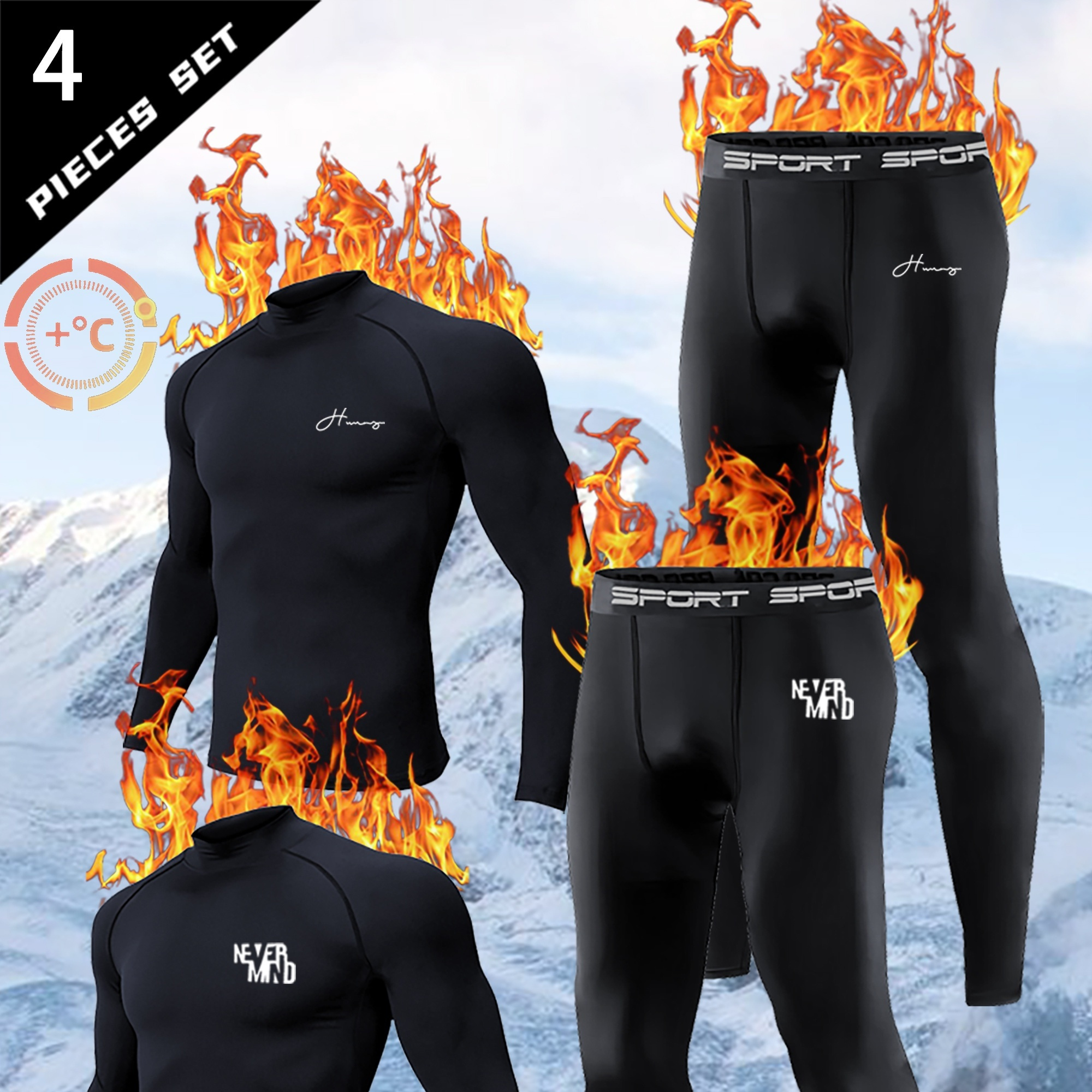 

Men's 4pcs Set Thermal Sports - Breathable And , Long Sleeve Top And Pants For , Cycling, And Running - Polyester Knit Fabric With Printed Pattern