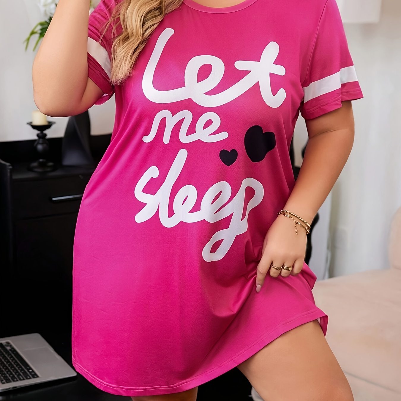 

Women's Plus Size Short Sleeve " Sleep" Heart Print Night Dress, Casual Crew Neck Polyester Knit Fabric Sleepwear, , 95% Polyester 5% Elastane, /m² - Pink