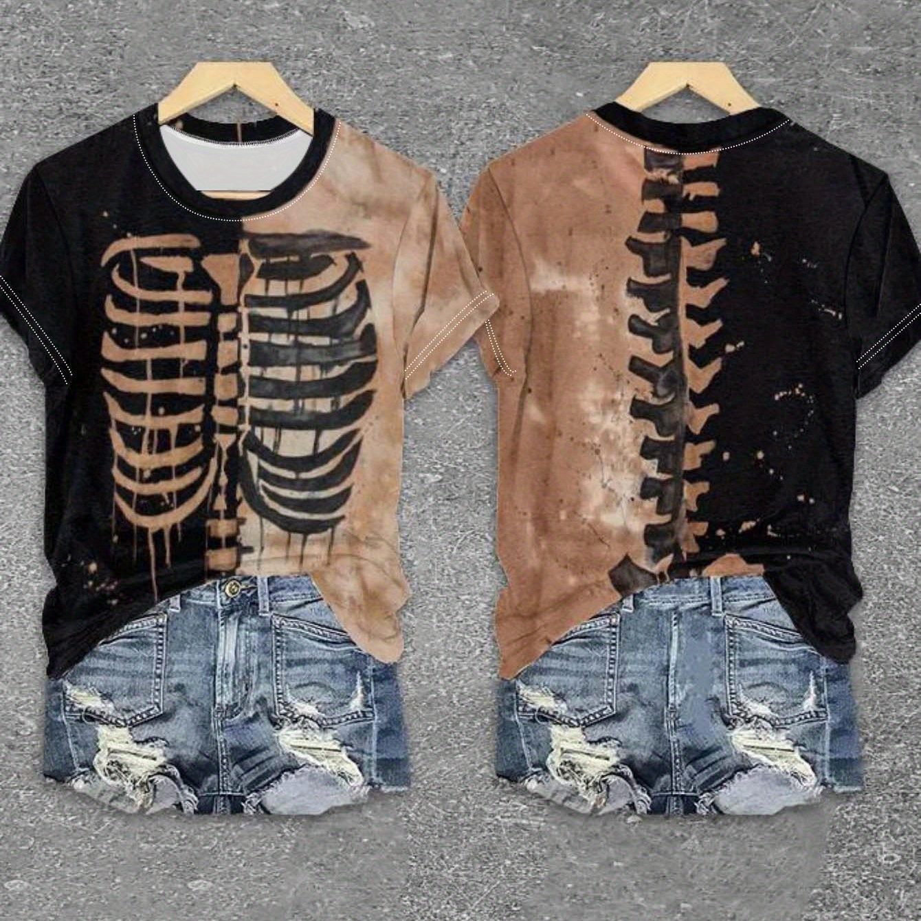 

Skeleton Print T-shirt, Short Sleeve Crew Neck Casual Top For Summer & Spring, Women's Clothing
