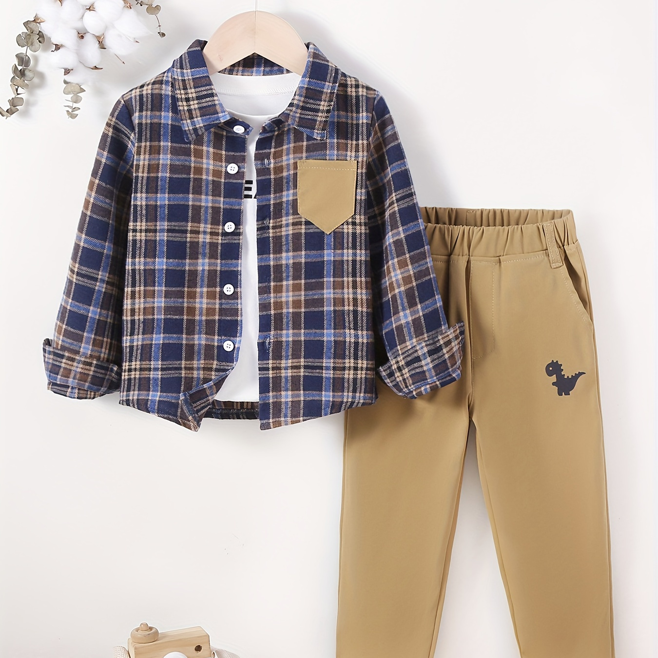 

2pcs Boys Casual Classic Plaid Long Sleeve Lapel Shirt & Dinosaur Print Pants Set, Comfy Boys Clothing