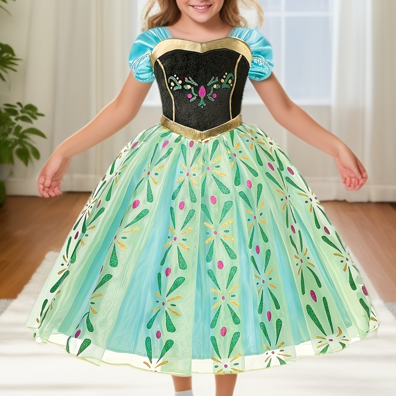 Girl's Princess Cosplay Costume, Floral Pattern Mesh Dress, Kid's Dress Up Outfits For Party Birthday Performance, As Gift